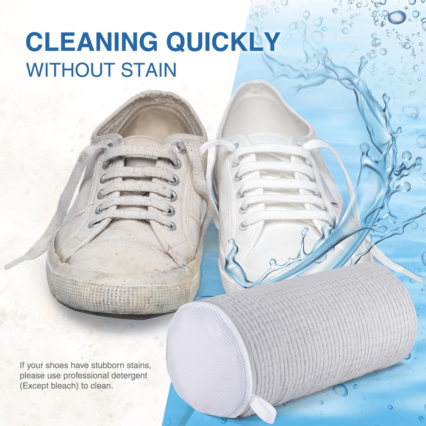 Teletrogy Shoe Laundry Bags for Washing Machine, Reusable Laundry Shoe Bag for Washer and Dryer, Fluffy Fibers 360° Wrap Around Cleaning, Adjustable Protective Shoe Trees - Home Dorm Travel, Gray