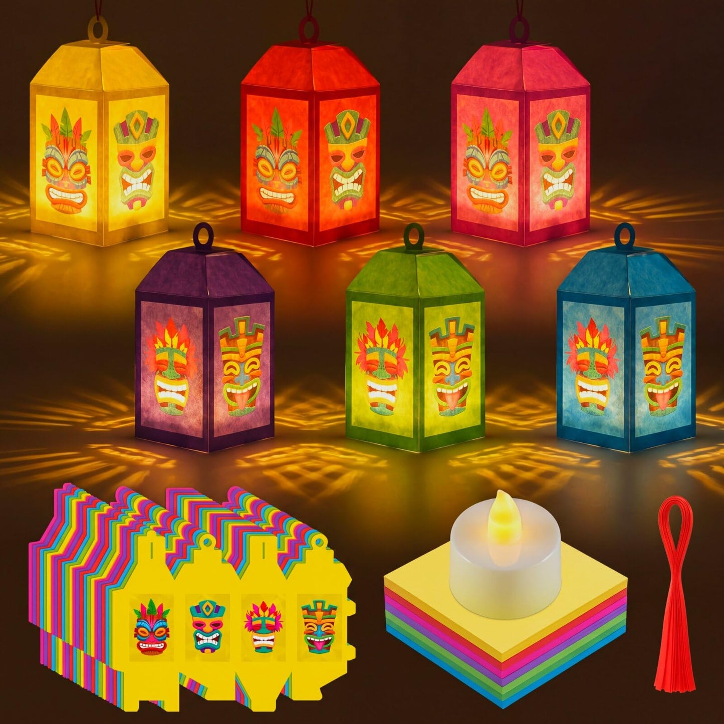 Simgoing 24 Sets Tiki Crafts with LED Candle Light Hawaii Party Decors Tiki Tissue Paper Crafts Kits DIY Your Own Tropical Totem Box Lanterns Hanging for Home Summer Luau Themed Art Party Decorations