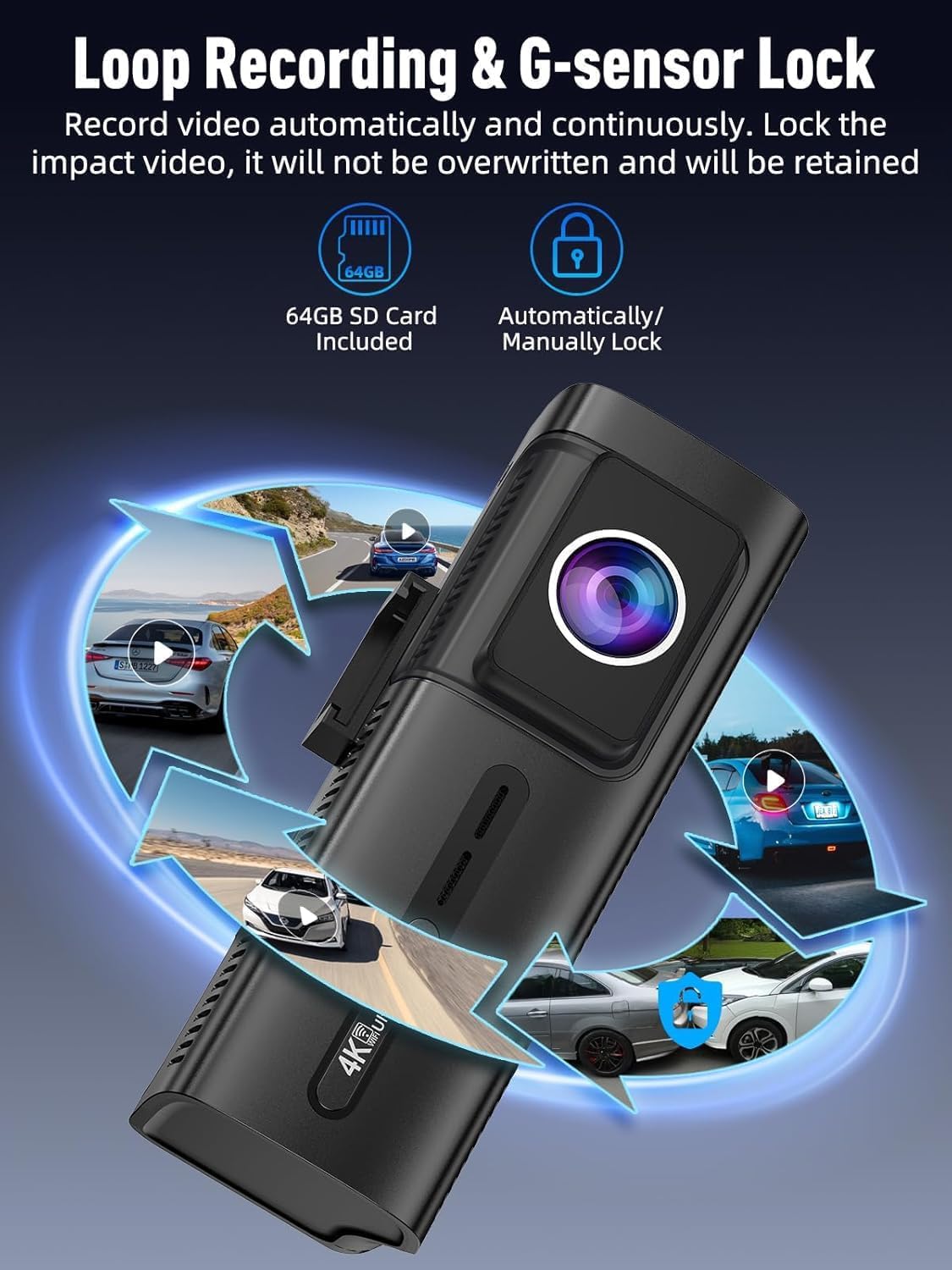 3 Channel 5G WiFi Dash Cam, 4K+1080P+1080P Dash Cam Front and Rear Inside with 64GB Card, 3.16” IPS Screen, G-Sensor, Loop Recording, Parking Monitor, 170° Wide Angle, IR Night Vision, WDR, Black