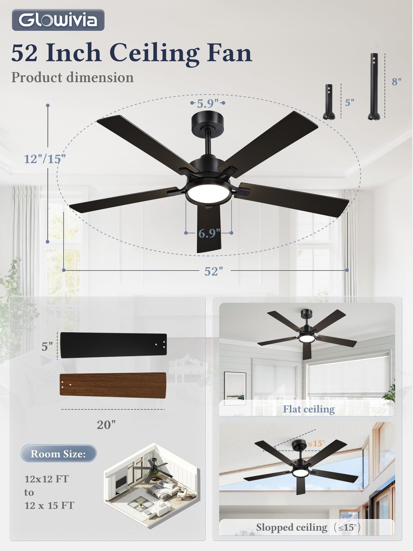 Glowivia 52 Inch Ceiling Fan with Lights and Remote, Smart APP Control, Dimmable with All-Setting Memory, Quiet DC Motor Reversible Blades, Damp Rated Modern Ceiling Fan for Bedroom Patio Living Room