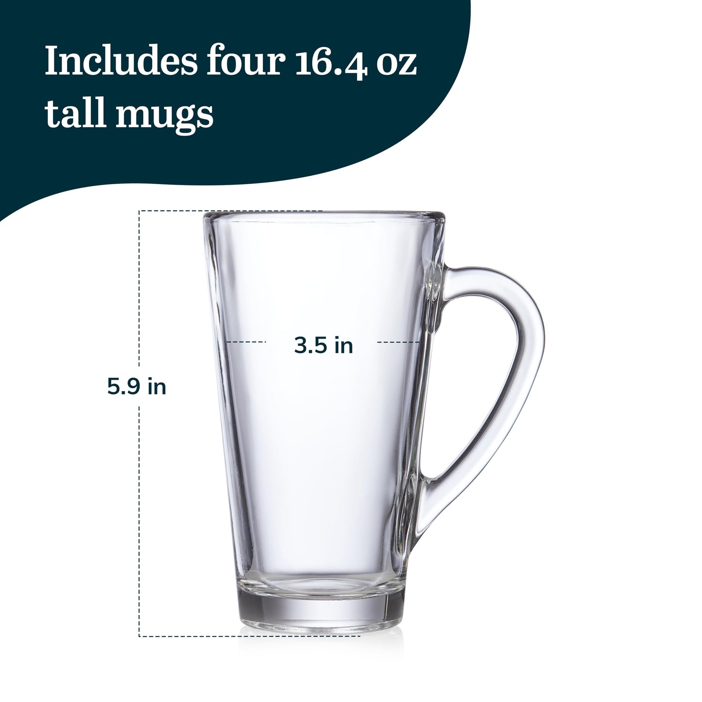 Libbey Cavana Tall Clear Glass Coffee Mugs Set of 4 (16.4 oz), Extra Tall Clear Coffee Mug with Handle, Tapered Latte Mug, Dishwasher Safe