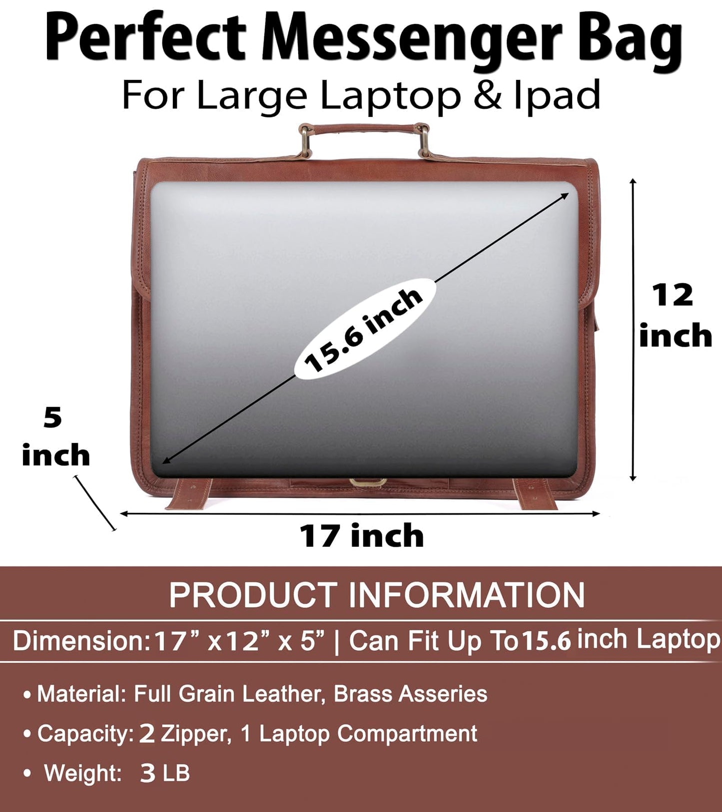 Alaska exports Leather Laptop Bag | Leather Messenger for Men and Women | Briefcases for Men | A Perfect Satchel can be Used for School and Work (11 x 15 inchs)