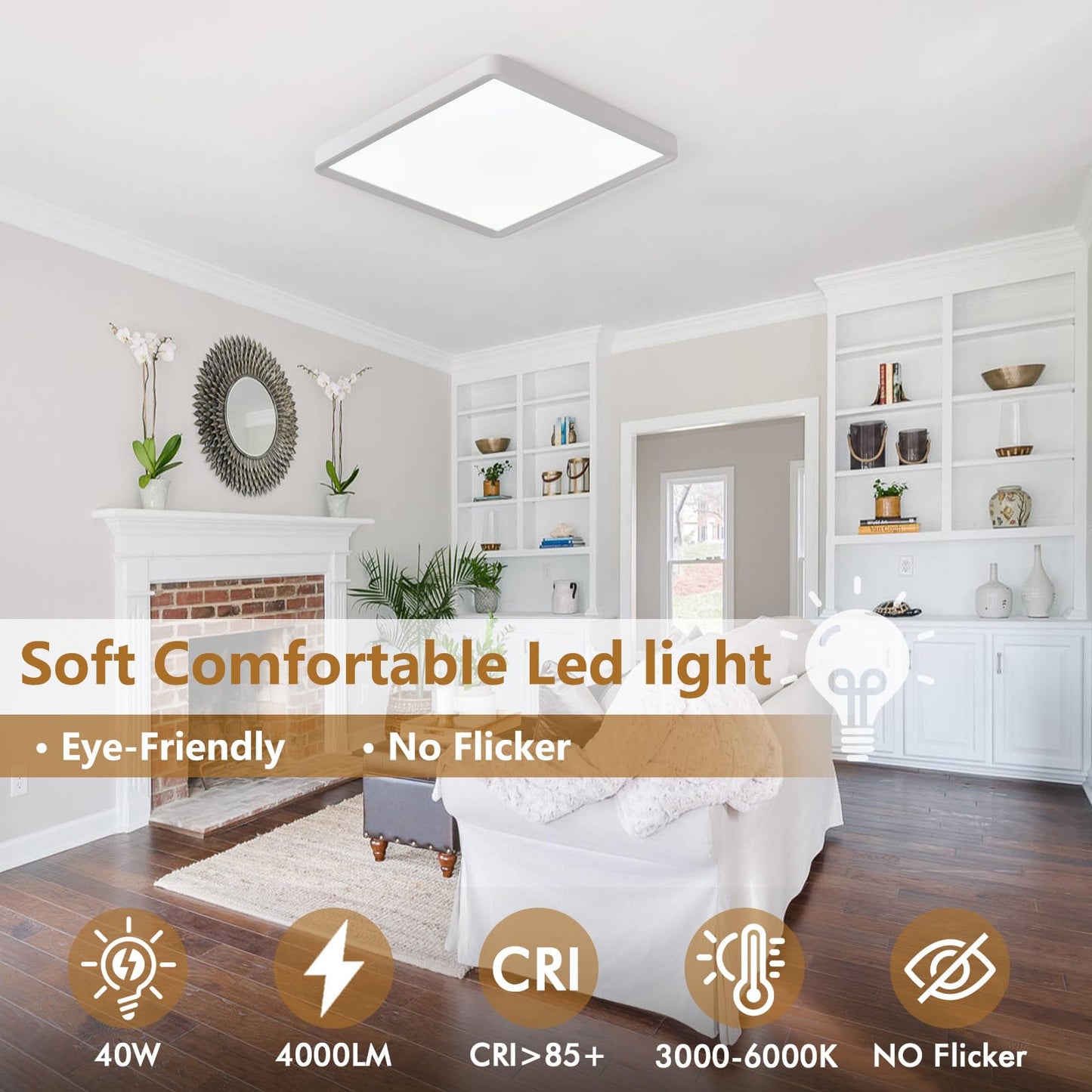 2PK 16 Inch Square LED Flush Mount Ceiling Light, 40W, 4000LM 3000K/4000K/6000K CCT Selectable, White Square LED Flat Panel Ceiling Light Fixture for Bedroom,Kitchen,Living Room