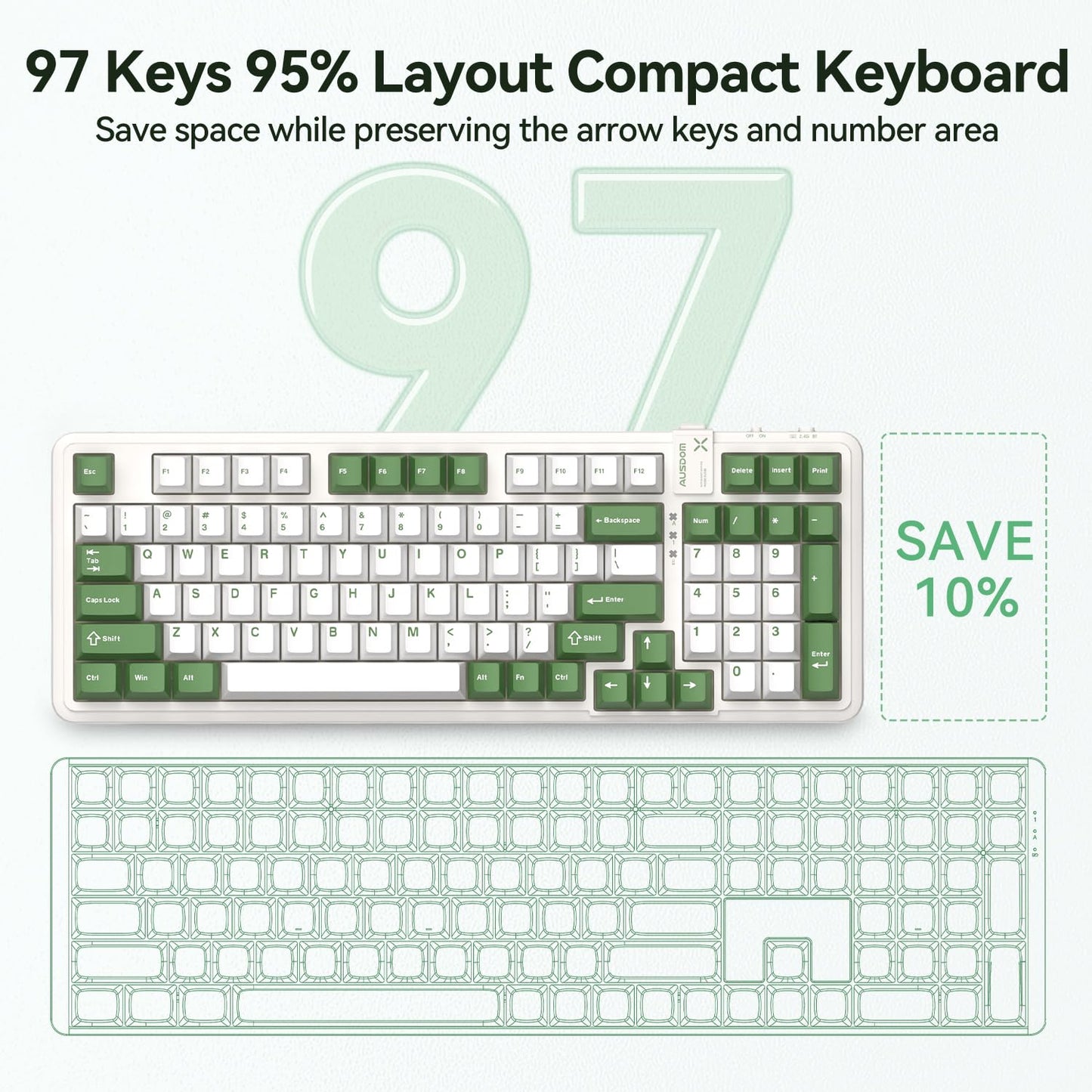 AUSDOM 98Pro Silent Mechanical Keyboard,Wireless Hot Swappable Gaming Keyboard with Backlit,Gasket Structure,Pre-lubed Tactile Switches,2.4GHz/Type-C/Bluetooth Custom Keyboard(Green & White-Silent)