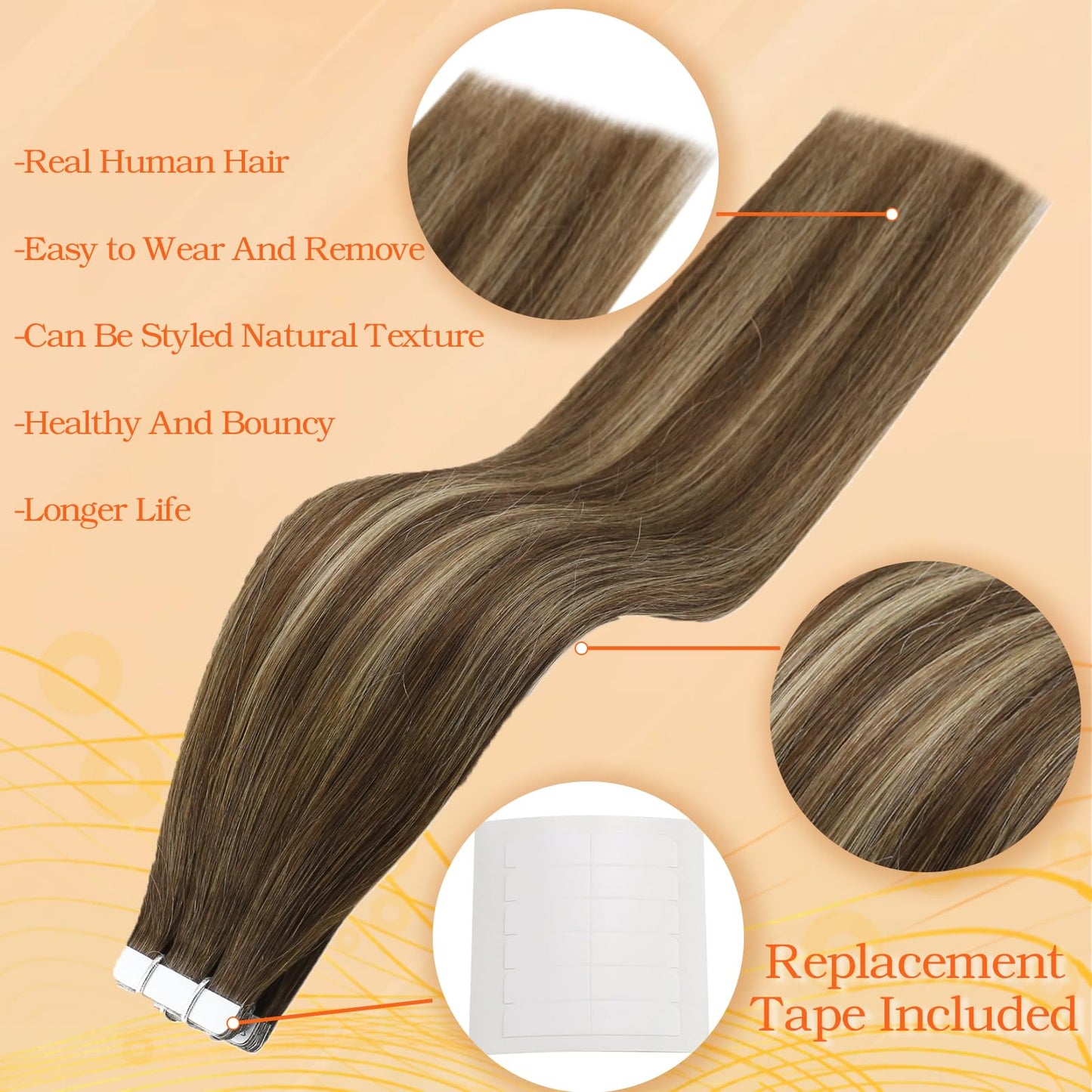 Full Shine Invisible Tape in Hair Extensions Human Hair 18 Inch Tape in Brown Hair Extensions Color 4/24/4 Balayage Tape in Extensions Real Hair Extension Tape in Human Hair Extensions 50 Gram 20 Pcs