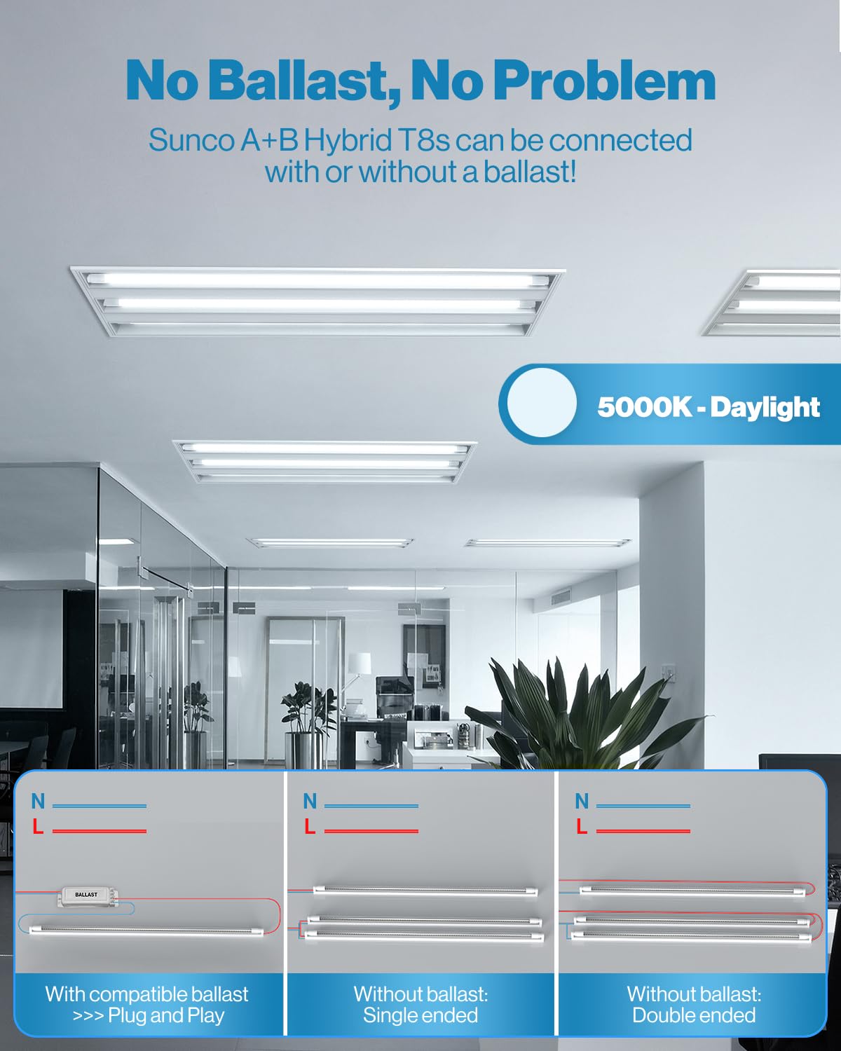 Sunco 10 Pack T8 LED Bulbs 4 Foot, 48 Inch Tube Light Bulbs Fluorescent Replacement, Single or Double Ended Hybrid Type A+B, 2400 LM, 20W, 5000K Daylight, Clear Lens ETL.