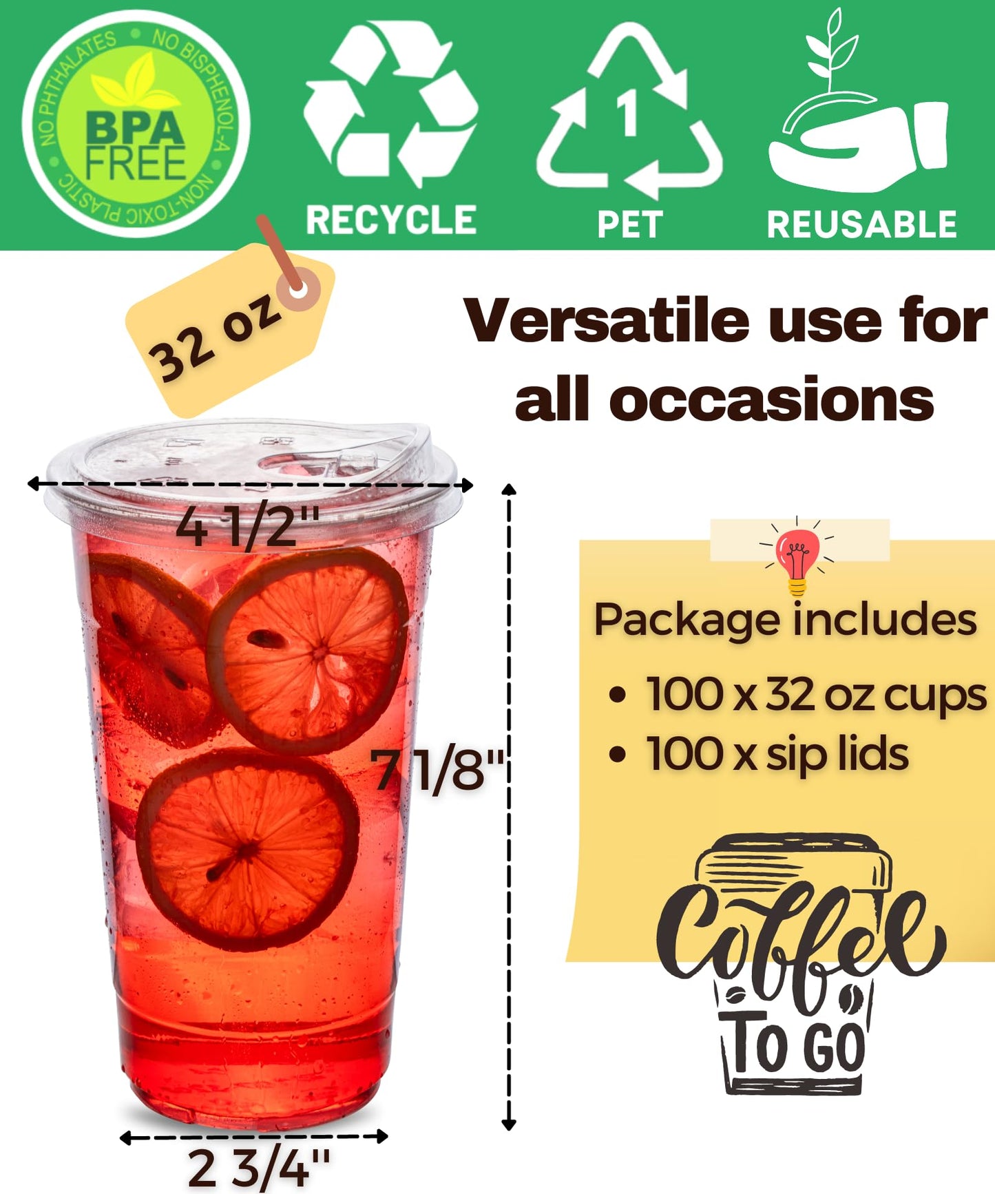 100 Pack 32 oz Clear Plastic Cups with Strawless-Sip-Lids, Disposable Cups Plastic Iced Coffee Cups, To Go Cups with Sip Through Lids for Smoothie, Milkshake, Cold Drinks for Party, Wedding, Event