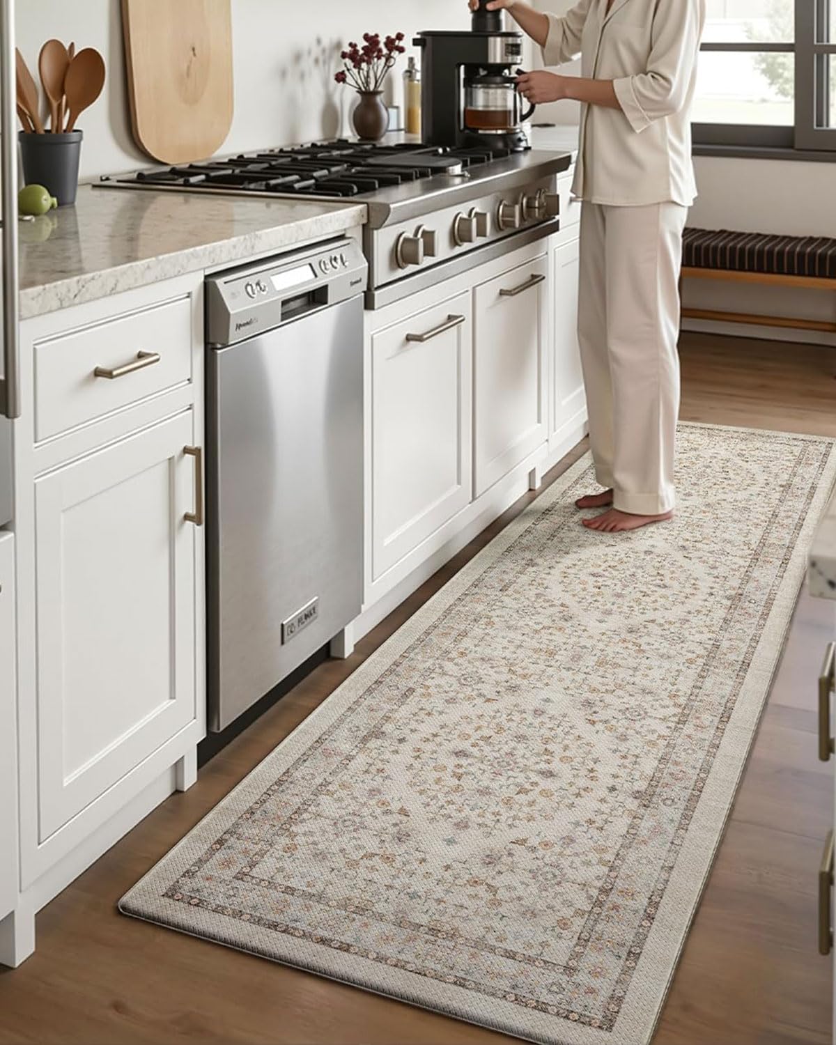DEXI Kitchen Floor Mats Cushioned Anti Fatigue, 23x86 Long Wide Standing Comfort Runner Rug, Waterproof Rubber Memory Foam Padded for Front Sink Laundry, Beige/Ivory