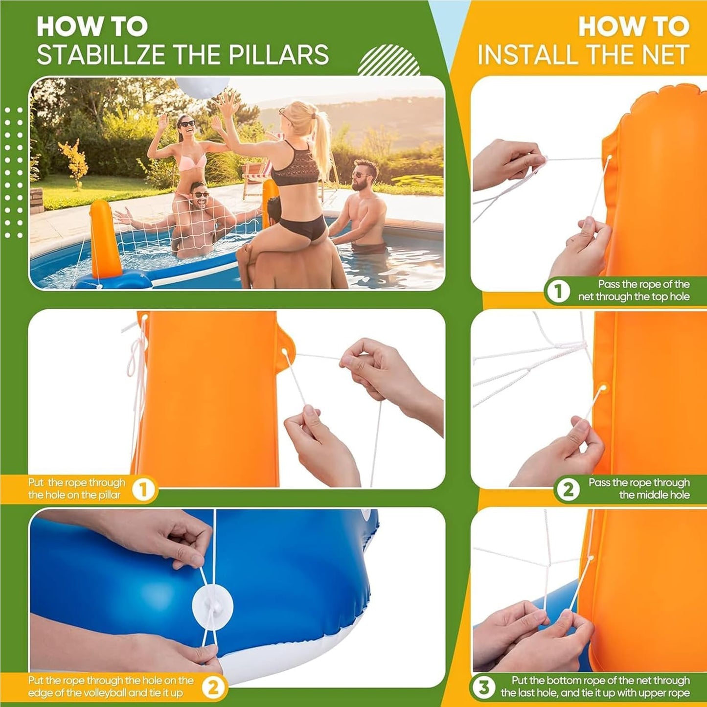 Pool Volleyball Set - 118" Pool Volleyball Net for Inground Includes Upgraded Water Volleyball, Ball Pump & 2 Weight Bags, Pool Games Toys for Adults and Family | 2025 Summer Pool Floaties Party Gift
