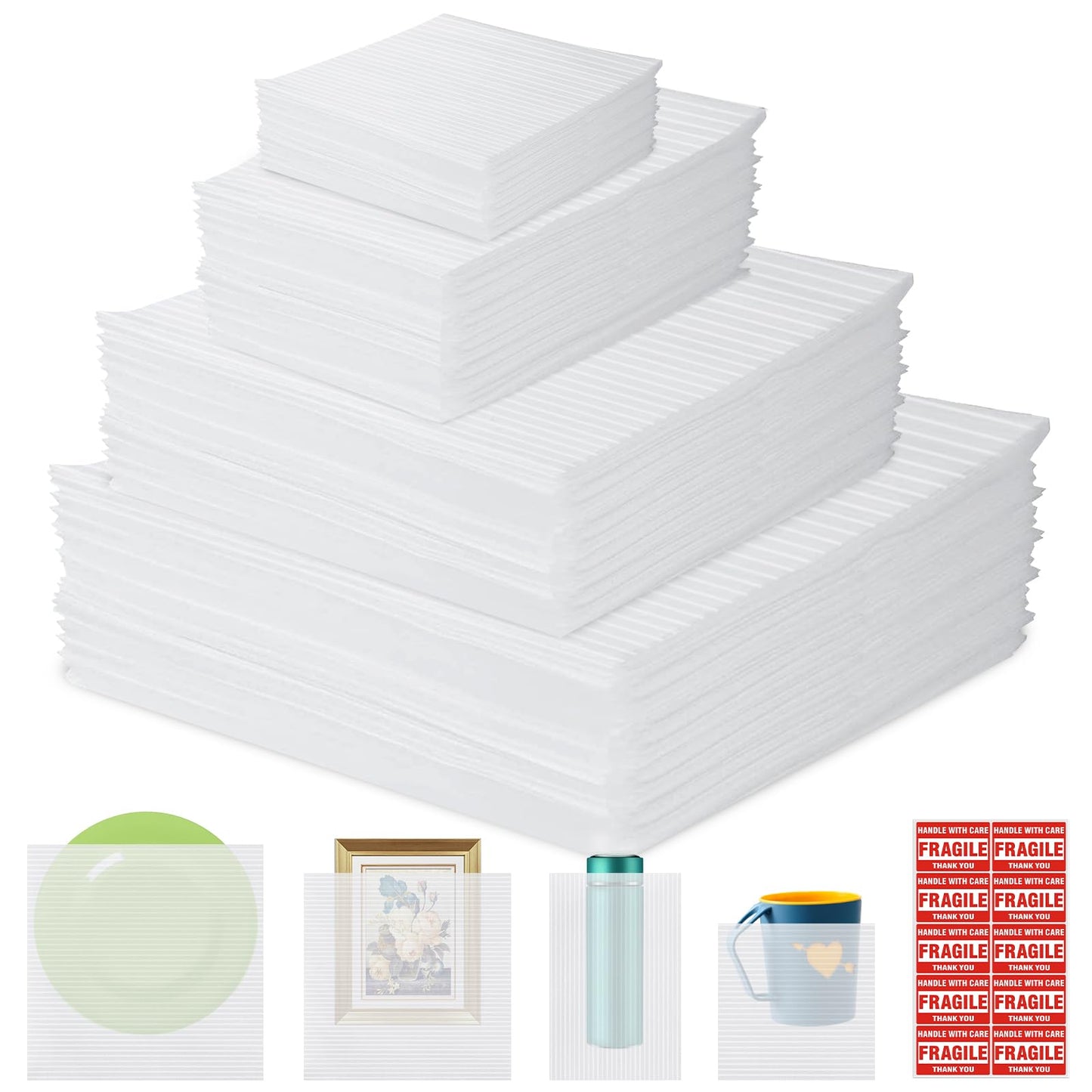 200 Pack Foam Pouches,4 Sizes Cushion Foam Pouch for Moving, Packing, Transportation and Storage, Moving Supplies Incidental Fragile Stickers(14x14 Inch, 12x12 Inch, 12x7.5 Inch, 7.5x7.5 Inch)