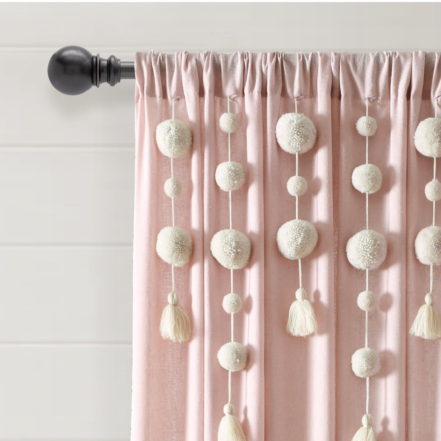 Lush Decor Boho Pom Pom Tassel Linen Textured Window Curtain Panel, Single 52" W x 84" L Blush -