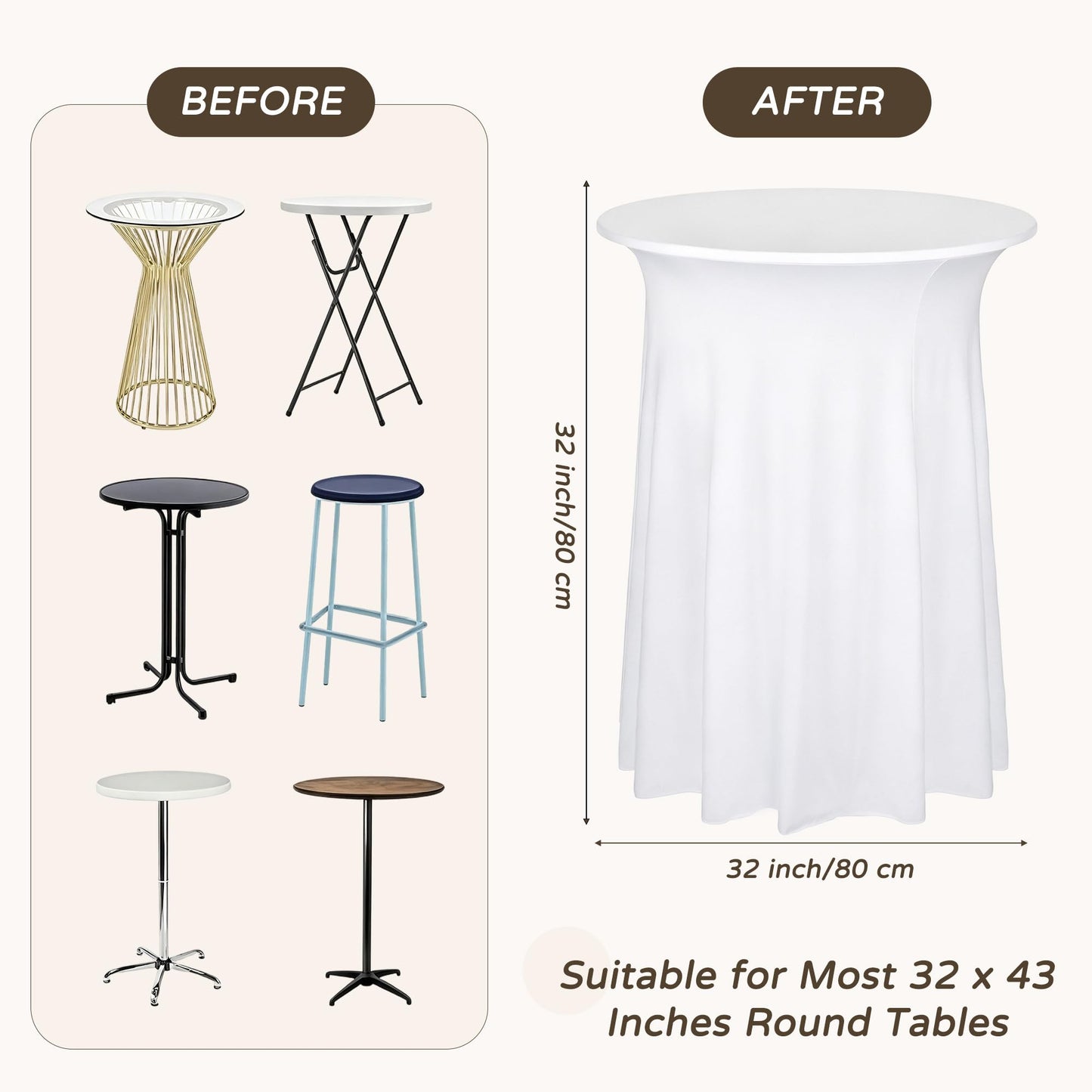 COSINIA 4 Pack White Cocktail Table Covers 32"x43", Heavy-Duty Spandex Round High Top Table Cloths with Wavy Skirt, Reusable Fitted Bar Height Table Covers for Wedding & Party