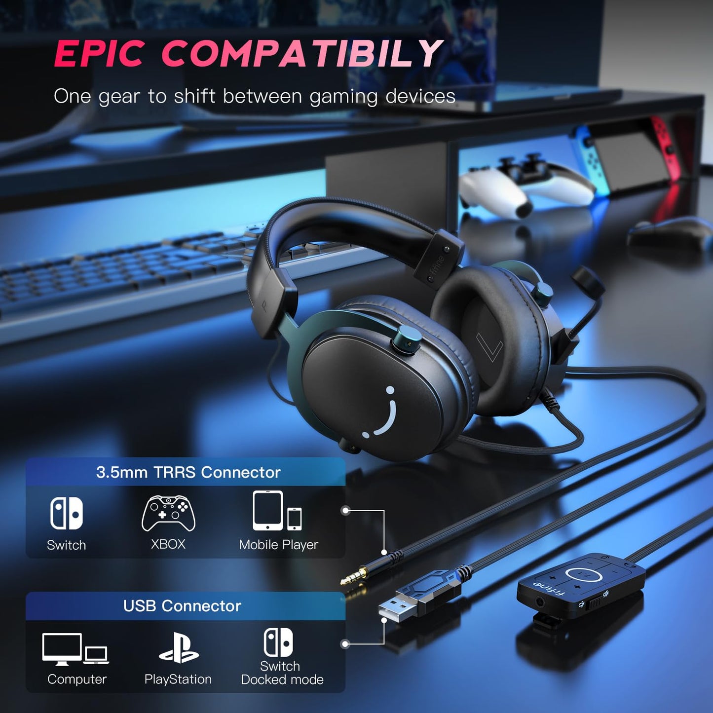 FIFINE PC Gaming Headset, USB Headset with 7.1 Surround Sound, Detachable Microphone, Control Box, 3.5mm Headphones Jack, Over-Ear Wired Headset for PS5/Xbox/Switch, Black-AmpliGame H9
