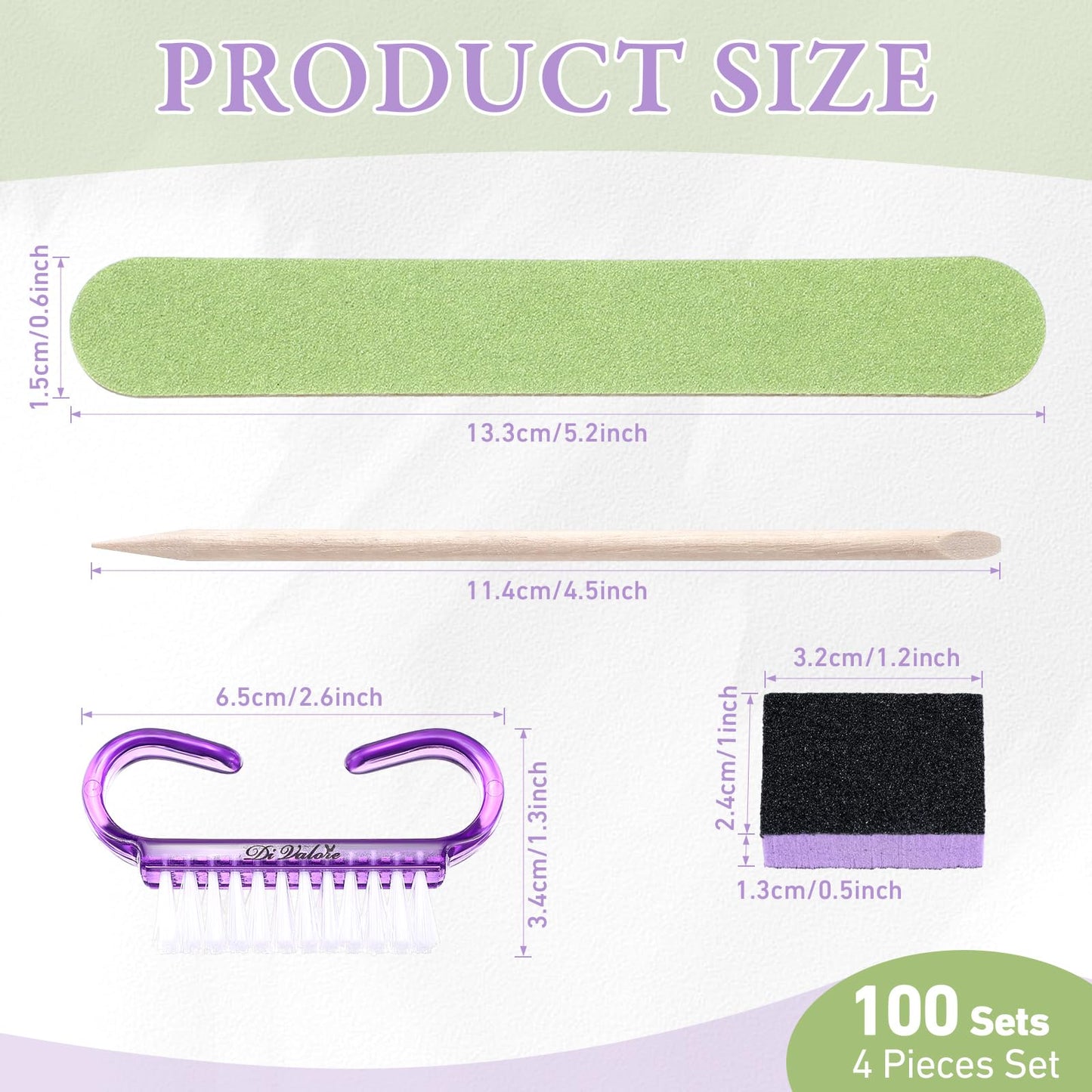 Leriton 100 Sets Professional Disposable Manicure Kit Basics 4 Piece Nail Kit Wood Nail File 100/180 Grit, Mini Buffer 80/100 Grit, Wood Stick and Handle Grip Nail Brush Valentine's Gifts (Purple)