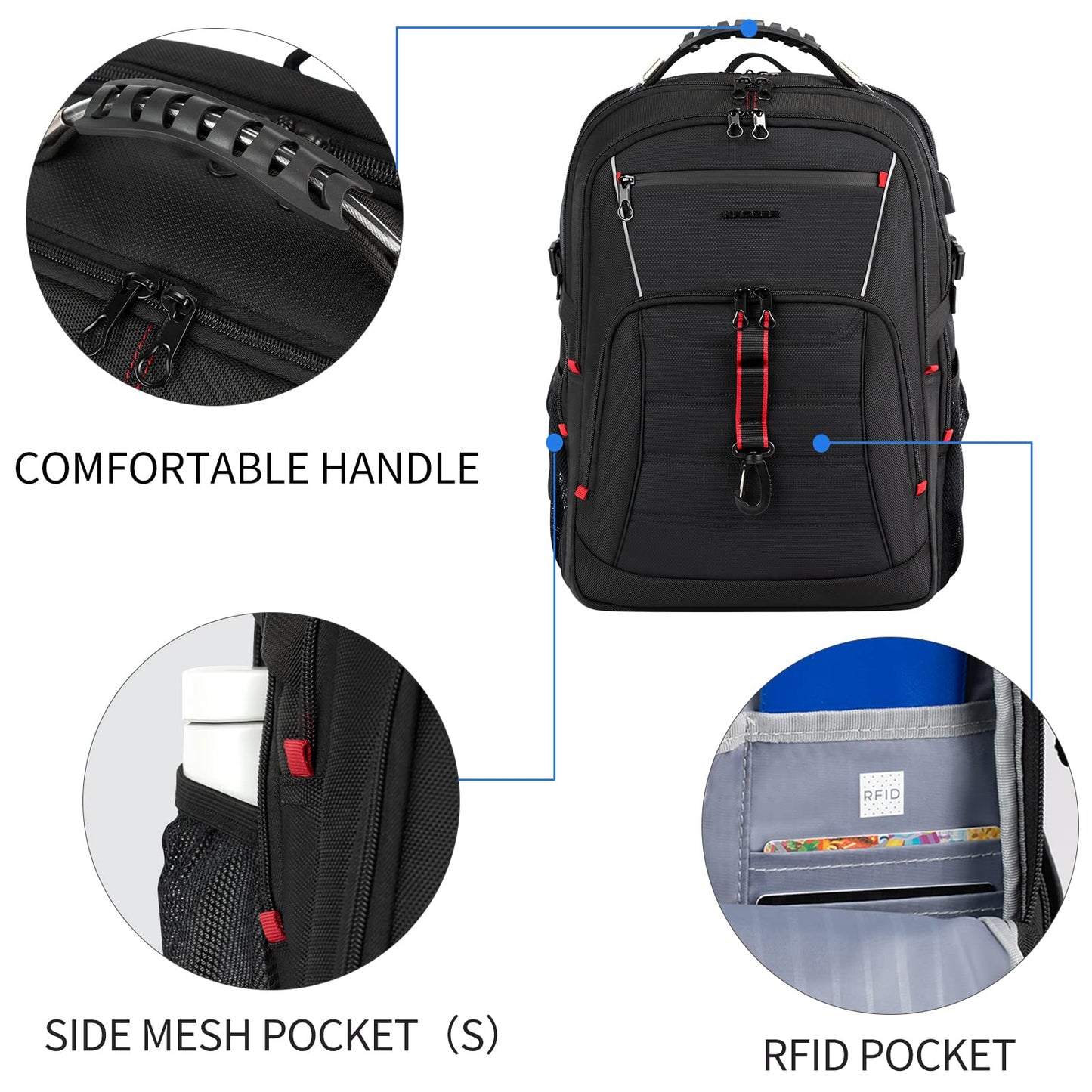 KROSER Travel Laptop Backpack 18.4 inch XXXL Computer Backpack Stylish College Backpack with RFID Pockets USB Charging Port REFLECTIVE STRIPS Water-Repellent Daypack for Business/Men
