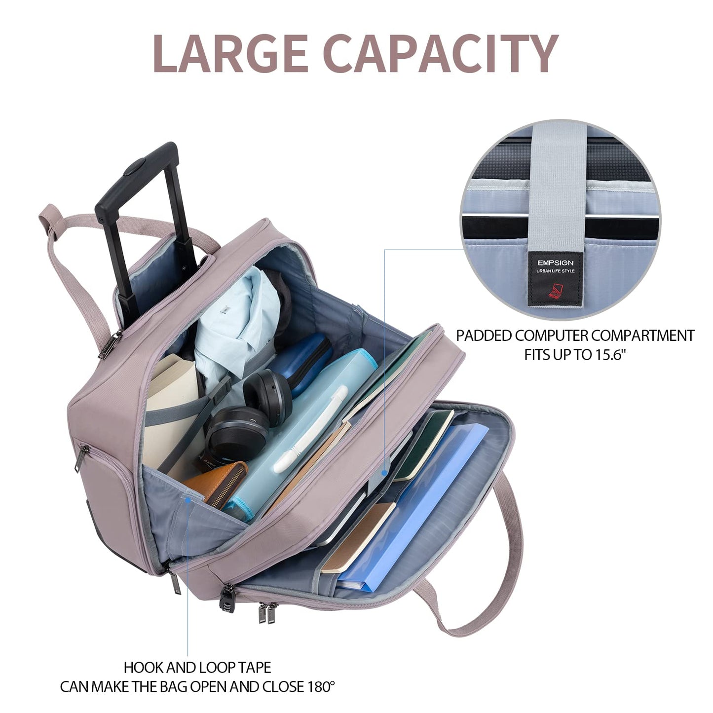 EMPSIGN Rolling Laptop Bag Women with Wheels, Briefcase for Women Fits Up to 15.6 Inch Laptop Briefcase on Wheels, Water-Repellent Overnight Rolling Computer Bag with RFID Pockets, Grey Pink