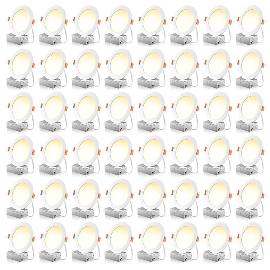 48 Pack 6 Inch 5CCT Ultra-Thin LED Recessed Ceiling Light with Junction Box, 2700K/3000K/3500K/4000K/5000K Selectable, 1050LM Brightness, Dimmable Canless Wafer Downlight, 12WEqv110W ETL&FCC
