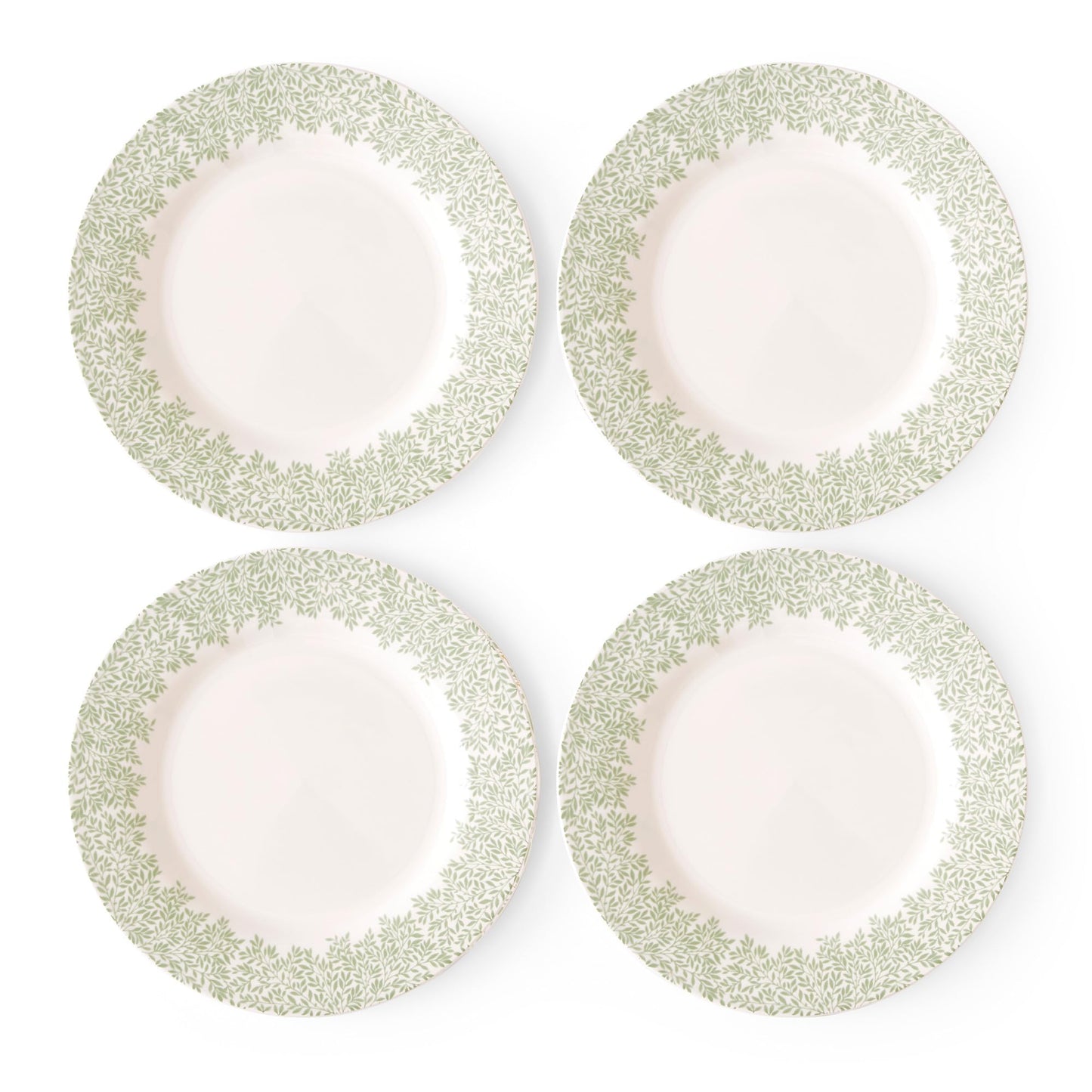 Spode Morris & Co Standen 11-Inch Dinner Plates, Set of 4 - Earthenware Dinnerware with Green Leaf Border Design, Microwave, Dishwasher, Freezer Safe - Elegant Tableware, Made in England