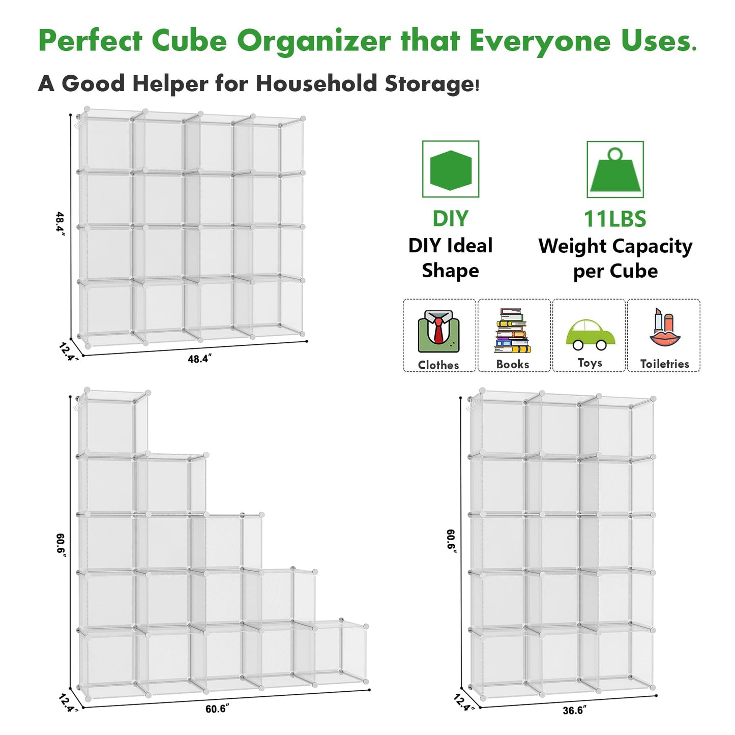 C&AHOME Cube Storage Organizer, 16-Cube Shelves Units, Plastic Storage Cubes, DIY Closet Organizer, Modular Closet Storage Shelf Ideal for Home, 48.4" L × 12.4" W × 48.4" H Transparent Twill UPCS16T