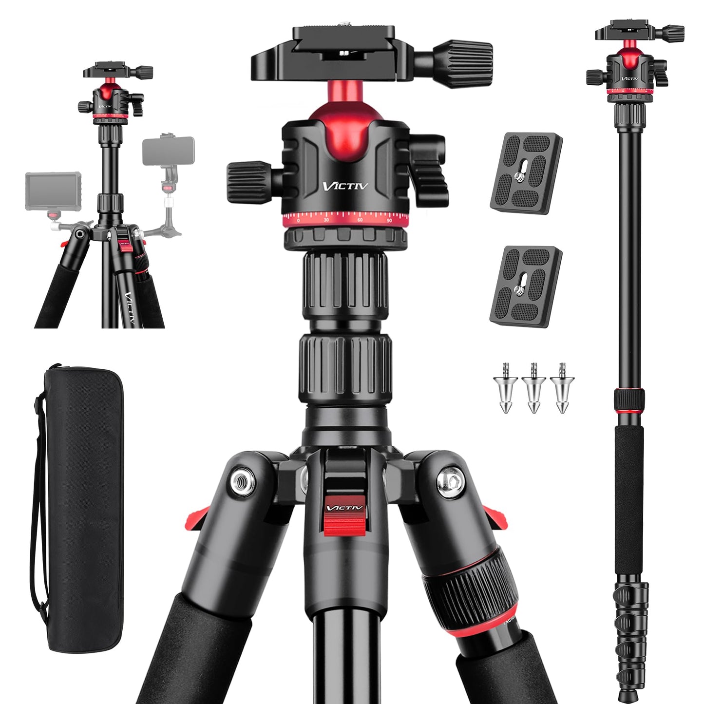 78" Aluminum Camera Tripods & Monopods, Victiv Compact Travel Tripod for Camera DSLR, Spotting Scope,Telescope, Binoculars, Porfessional Heavy Duty Camera Tripod Stand for Photography Video Recording