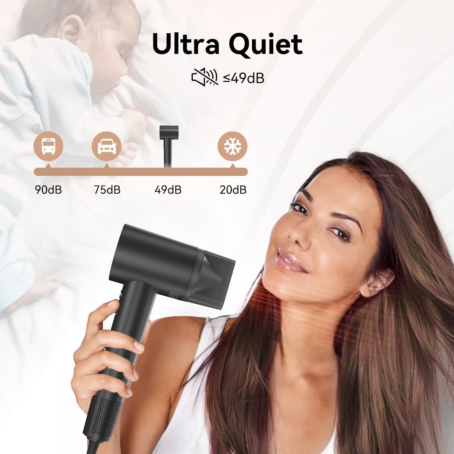 Hair Dryer with 110K RPM High Speed 1400w Motor for 1-4min Fast Dry, 49db Low Noise & 0.86lb Lightweight,2 Billion Plasma & Smart Thermo Control & Strong Magnetic Nozzle Diffuser (Darkgray)