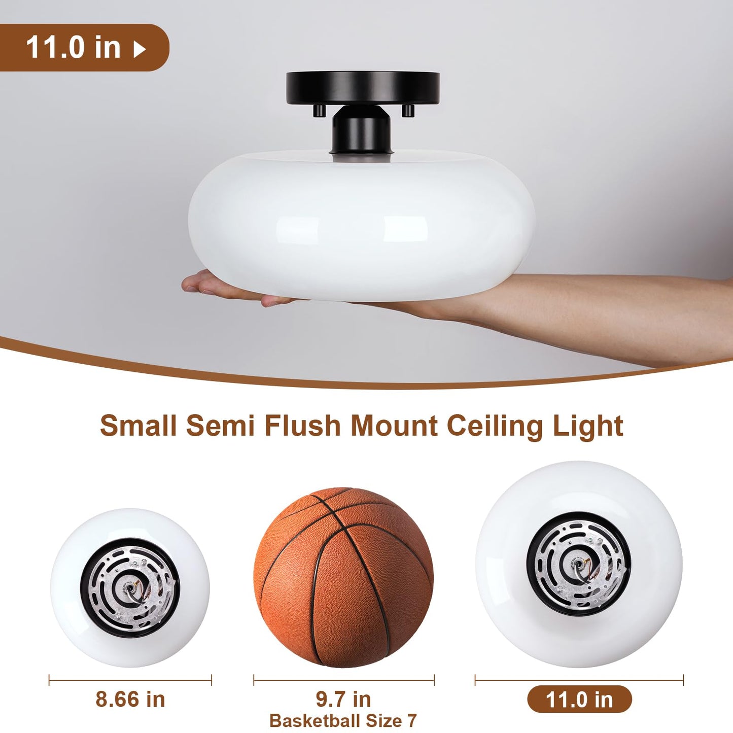 WOKNOS Mid-Century Modern Semi Flush Mount Ceiling Light, Metal Kitchen Light Fixture with Glass Shade,Vintage White and Black Colse to Ceiling Lamp for Entryway Hallway Bathroom (11.0 Inch)