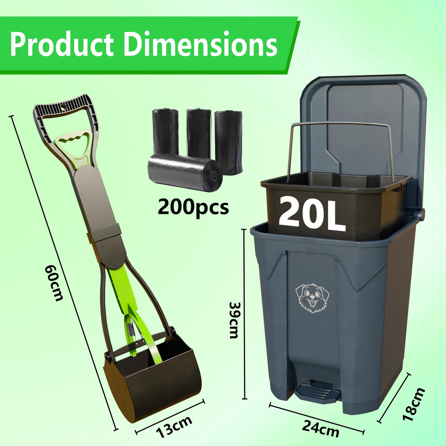 LNYBJS Outdoors Pet Waste Station 20L/5 Gallon Dog Poop Trash Can with Lid – Foot Pedal, Removable Inner Bin,Includes 200 Bonus Waste Bags & Long Handle Green Pooper Scooper