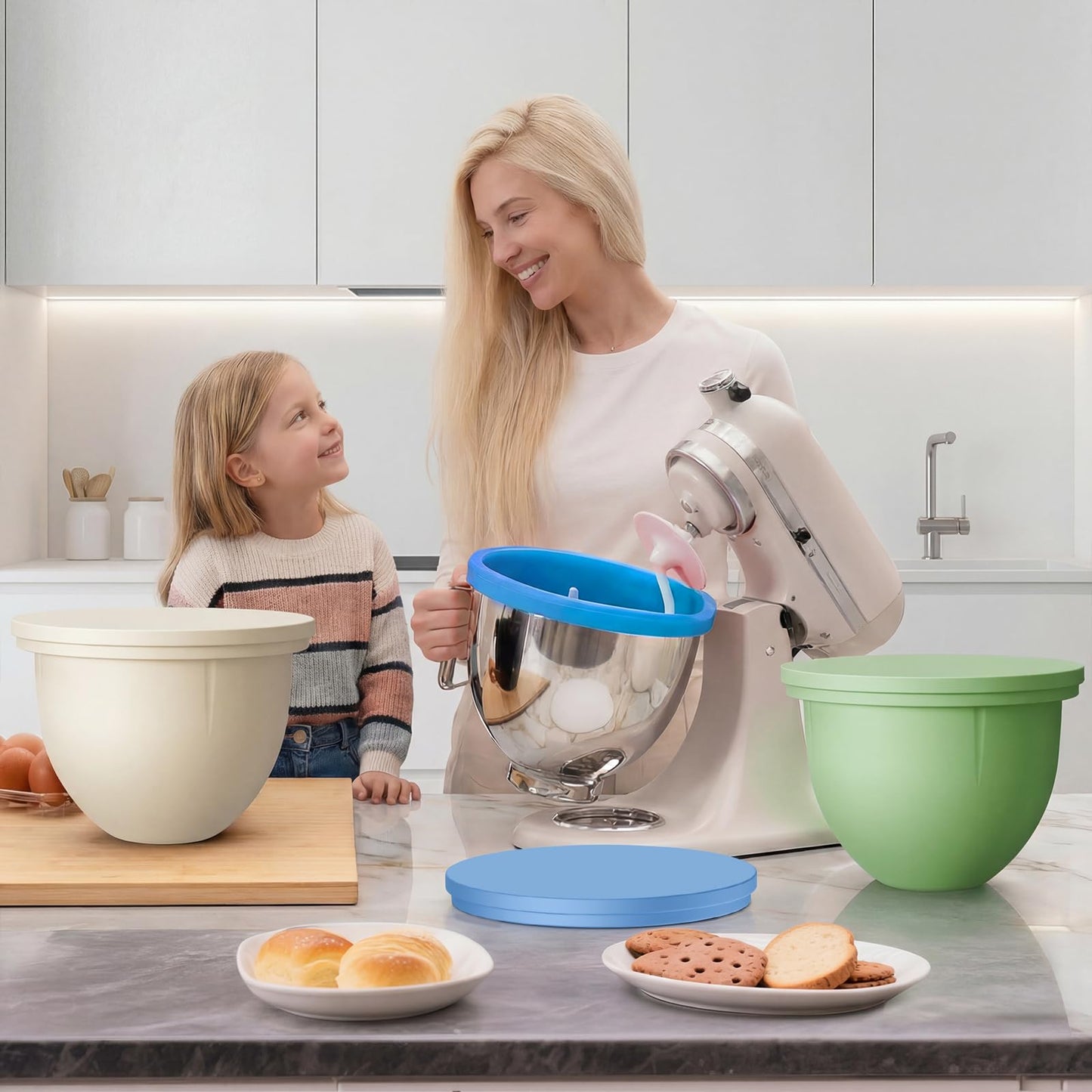 GuanQiao Silicone Bowl Liners for 5 Qt KitchenAid Mixers, 3 Liners with Lids, Blue/Beige/Green