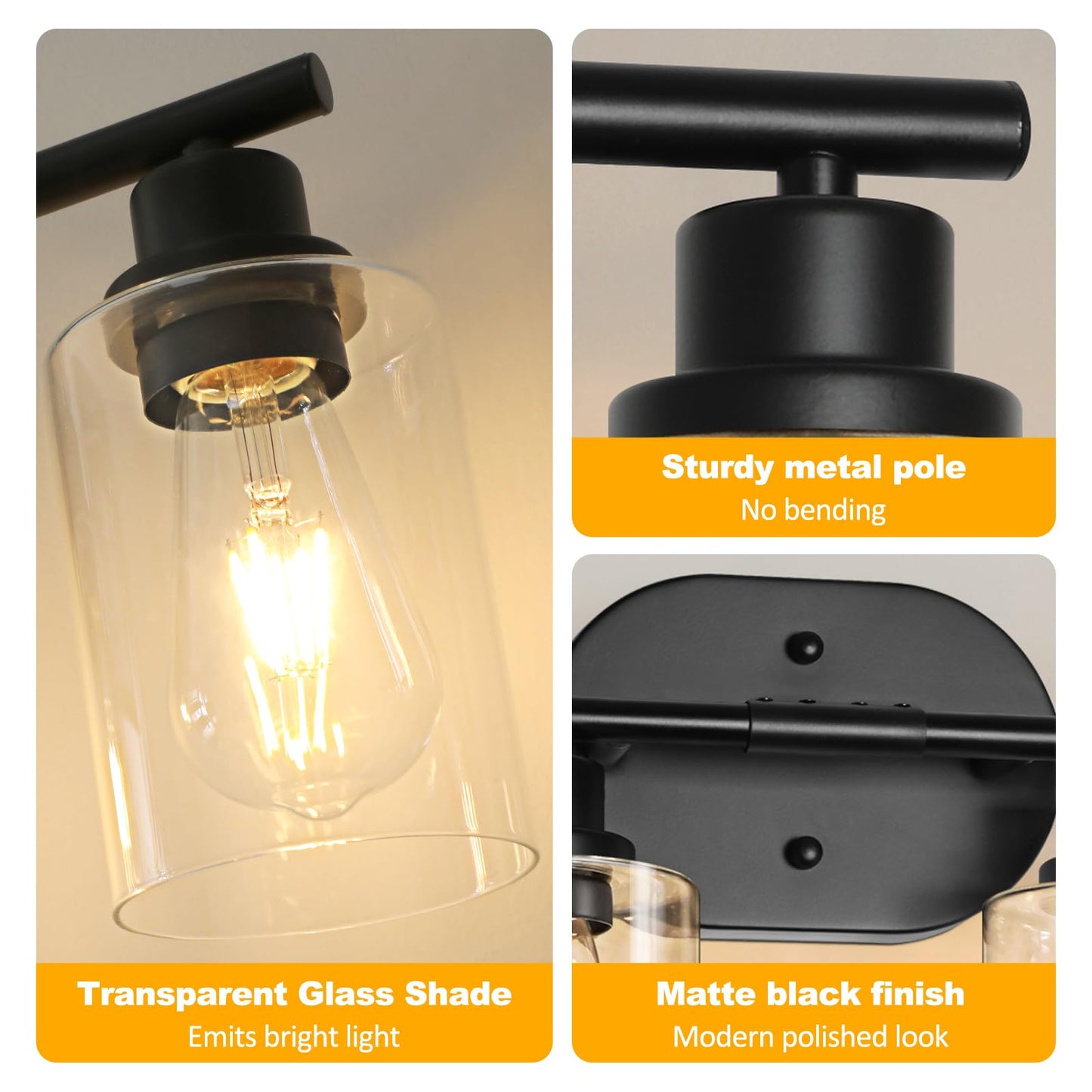 Unicozin Bathroom Light Fixtures, 4 Light Vanity Lights for Bathroom, Black Wall Lamp with Clear Glass for Mirror, Living Room, Hallway, Cabinet, E26 Base