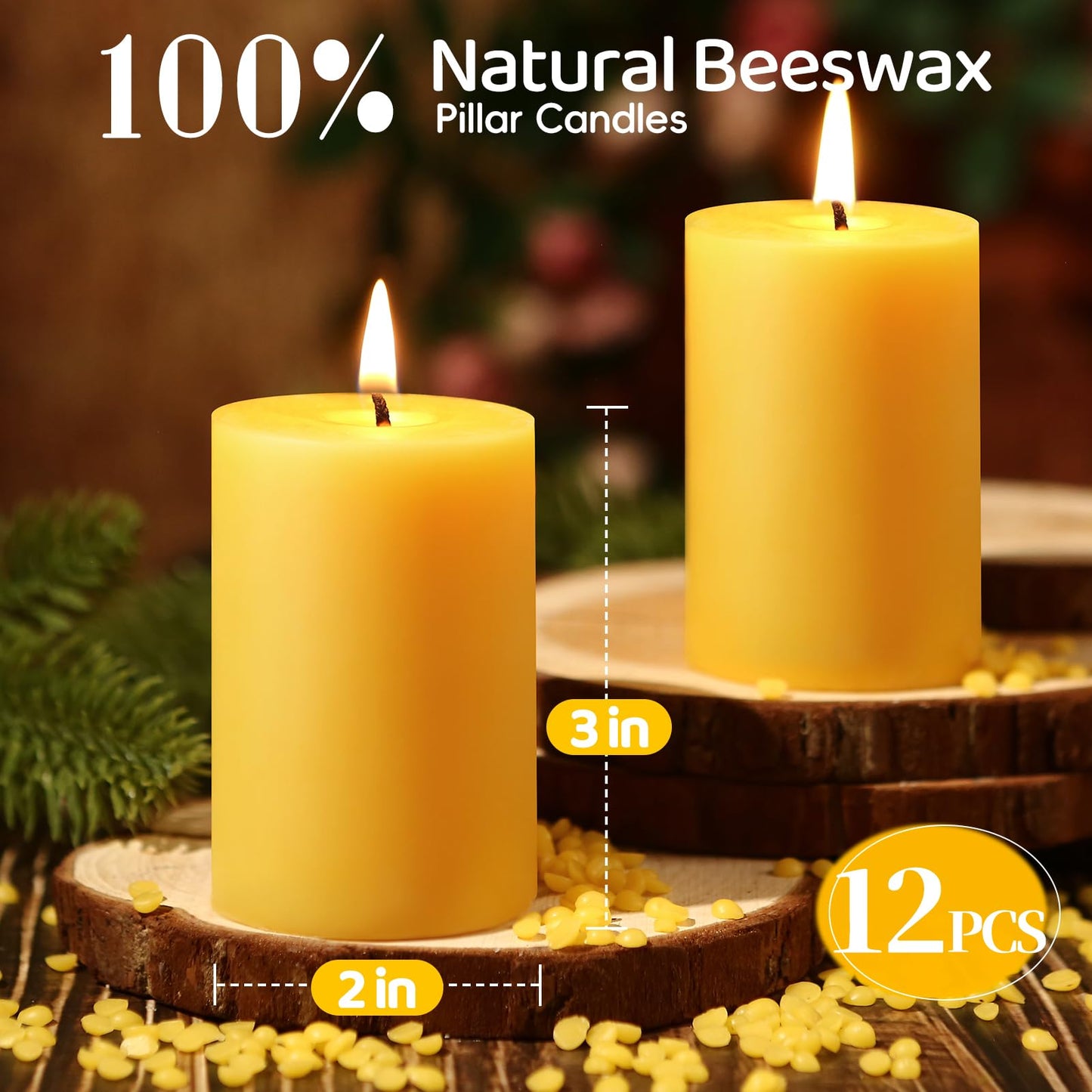 12 Pack Beeswax Candles,384 Hours Total Burn Time-2x3in,100% Pure Beeswax Pillar Candles,Unscented Bees Wax Candles for Home,Prayer,Emergency,Dripless Smokeless Pillar Candles Bluk