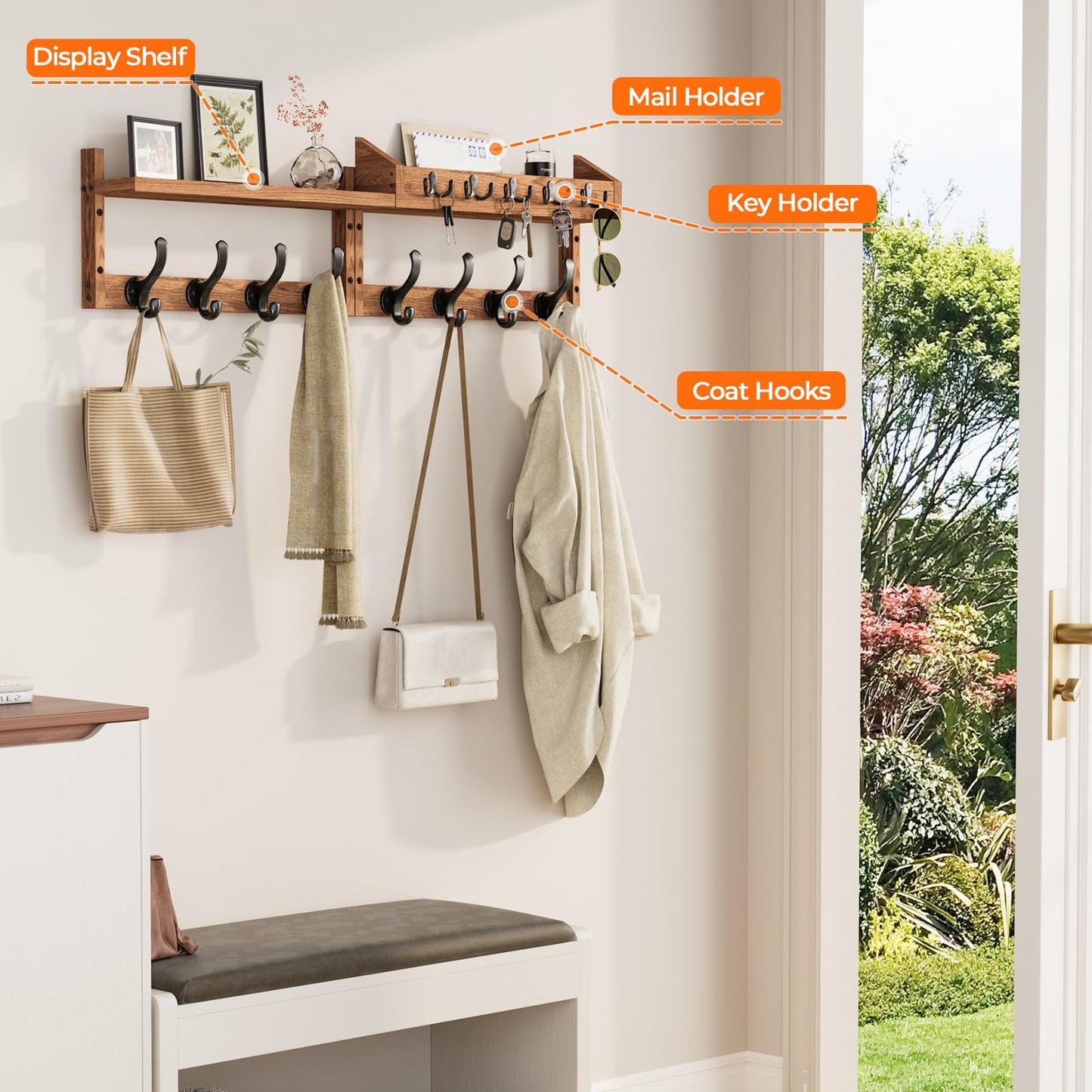 Evermagin 35" Coat Rack Wall Mount with Shelf, 4 in 1 Wall Mounted Coat and Key Hanger with 13 Hooks, Entryway Key Holder with Mail Holder for Living Room, Bedroom
