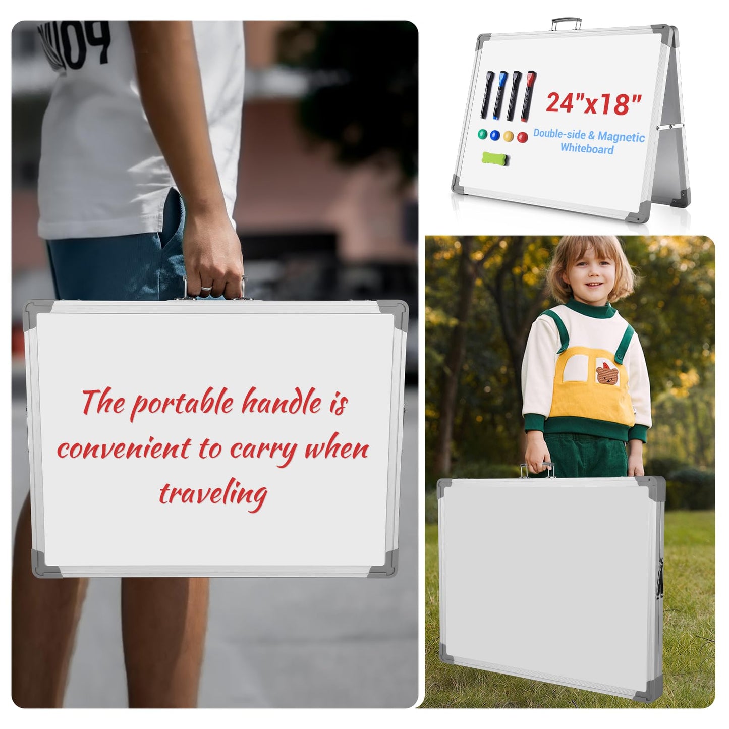 White Board Dry Erase 24" x 18", Magnetic Portable Foldable Whiteboard Double Sided Desktop Dry Erase Board Easel on Table Top with Holder for Classroom, Office, Homeschooling, School Supplies