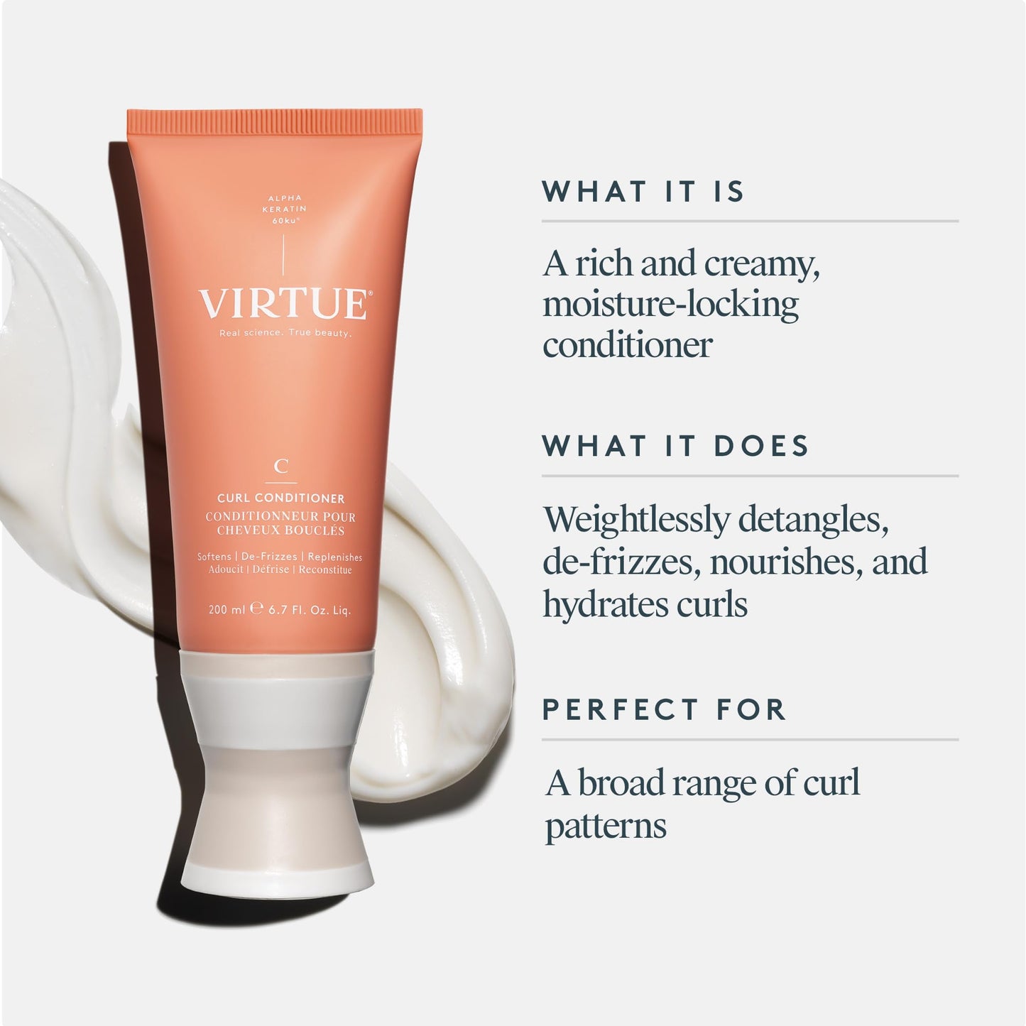 VIRTUE Curl Conditioner with Jojoba Oil, Sulfate Free, Hydrates, Nourishes & Repairs Curly Hair with Frizz Control, Color Safe