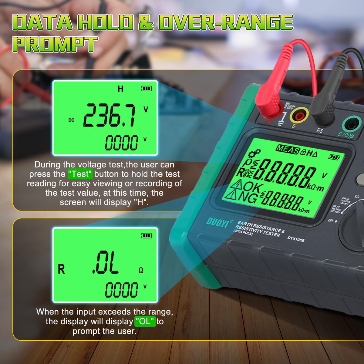 DUOYI Earth Resistance Tester 0.03-2000 ohm Meter,Upgraded Digital Earth Ground Resistance Tester 2/3 Wire Measurement AC/DC Voltage Meter with Batteries,Tool Bag