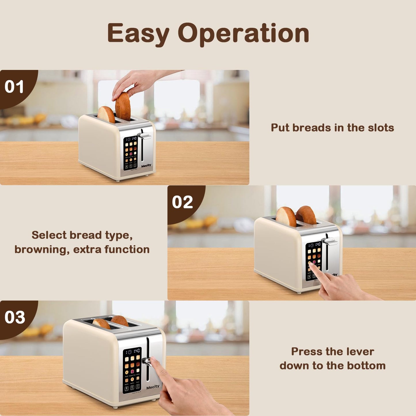 Mecity 2 Slice Touch Screen Toaster, 1.5" Wide Slot, Stainless Steel Smart Toaster for Bagels, Muffins, Waffles, Gluten-Free Breads, Defrost, Reheat, Timer, 120V 825W, Cream Color