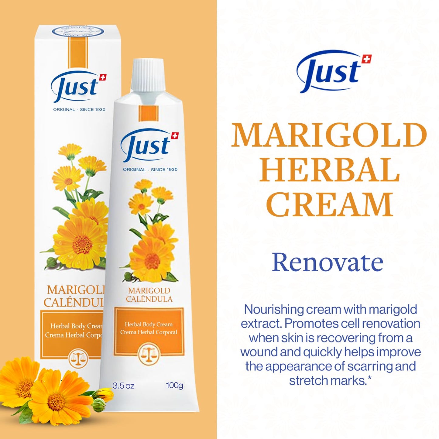Swiss Just Cream 100ml, Nourishing Cream with Marigold Extract. Body Cream Promotes Cell Renovation & Improves the Appearance of Scarring & Stretch Marks