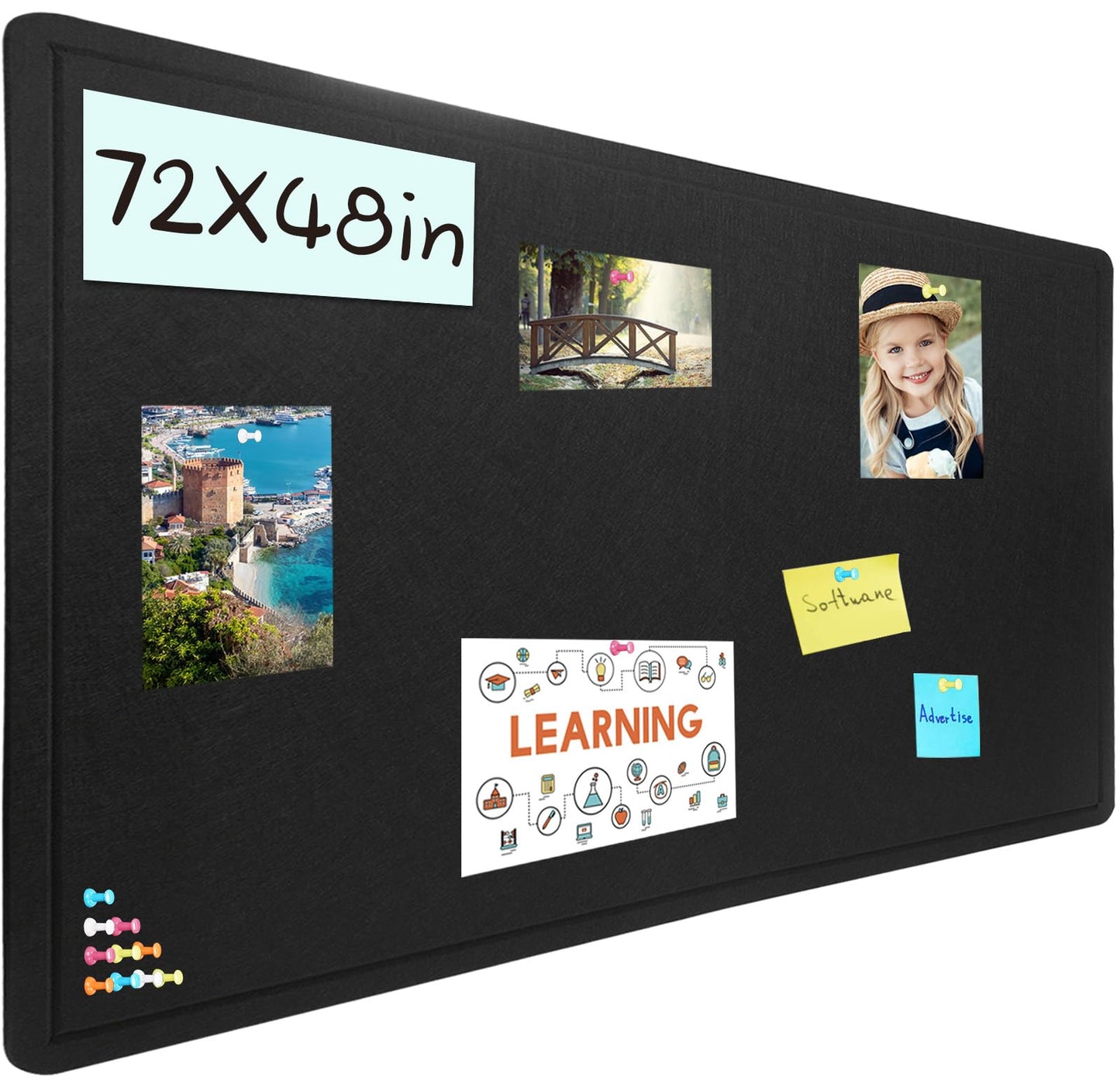 Large Bulletin Board - 72 X 48 inches Cork Board with 30 Pushpin, 6' x 4' Felt Cork Board Notice Pin Board, Self-Adhesive Vision Board Mood Board Foldable Photo Board for Wall (Black)