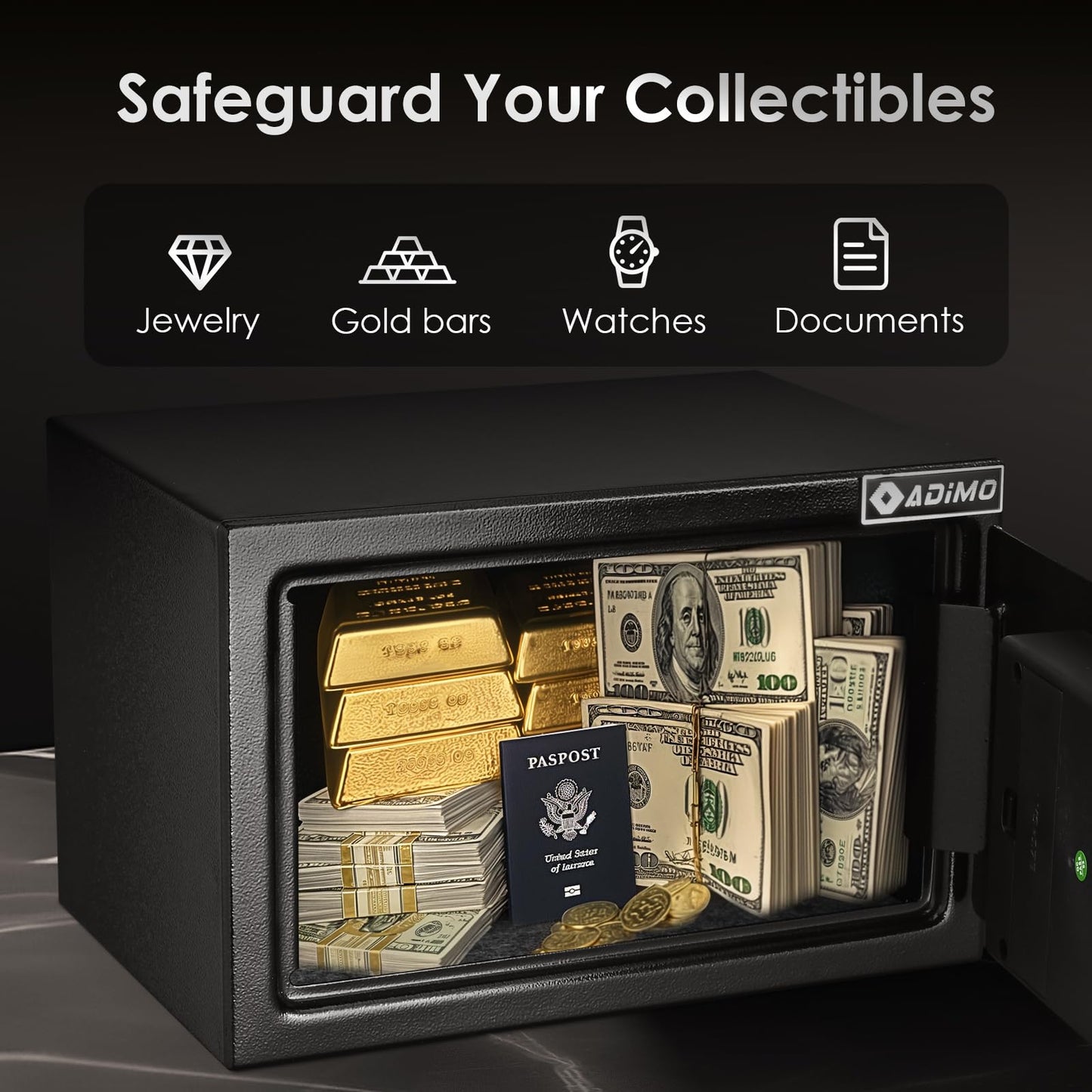 ADIMO Safe Box for College Dorm Room with Fireproof Waterproof Bag, Money Safe with Keys & Pass Code & Wall Mount Kits, Hidden Home Safe for Money, Jewelry, and Documents-0.5 Cubic Feet