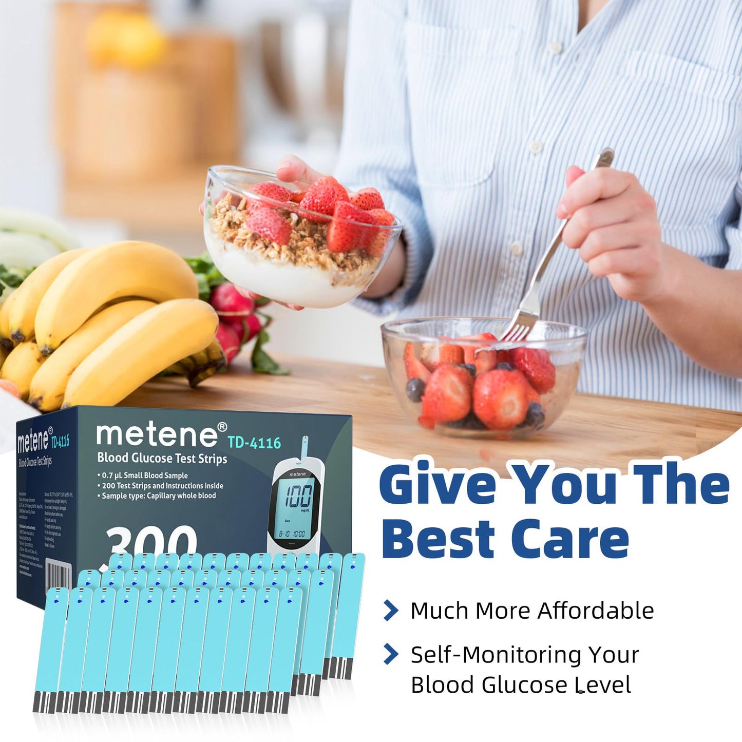 Metene TD-4116 Blood Glucose Test Strips, 300 Count Test Strips for Diabetes, Use with metene TD-4116 and metene S Blood Glucose Monitor Only(No Monitor)