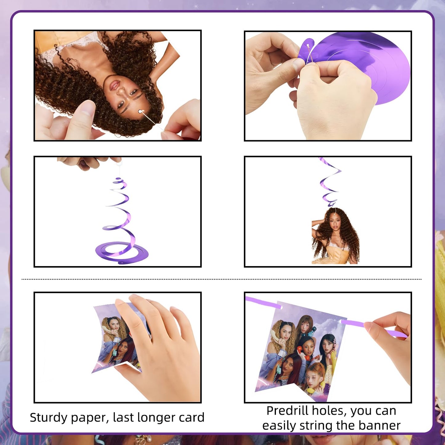Birthday Party Decorations, Purple Pink Party Supplies Set with Happy Birthday Banner, Backdrop, Balloons, Hanging Swirls Cake Toppers and Cupcake Toppers for Fans Birthday Party