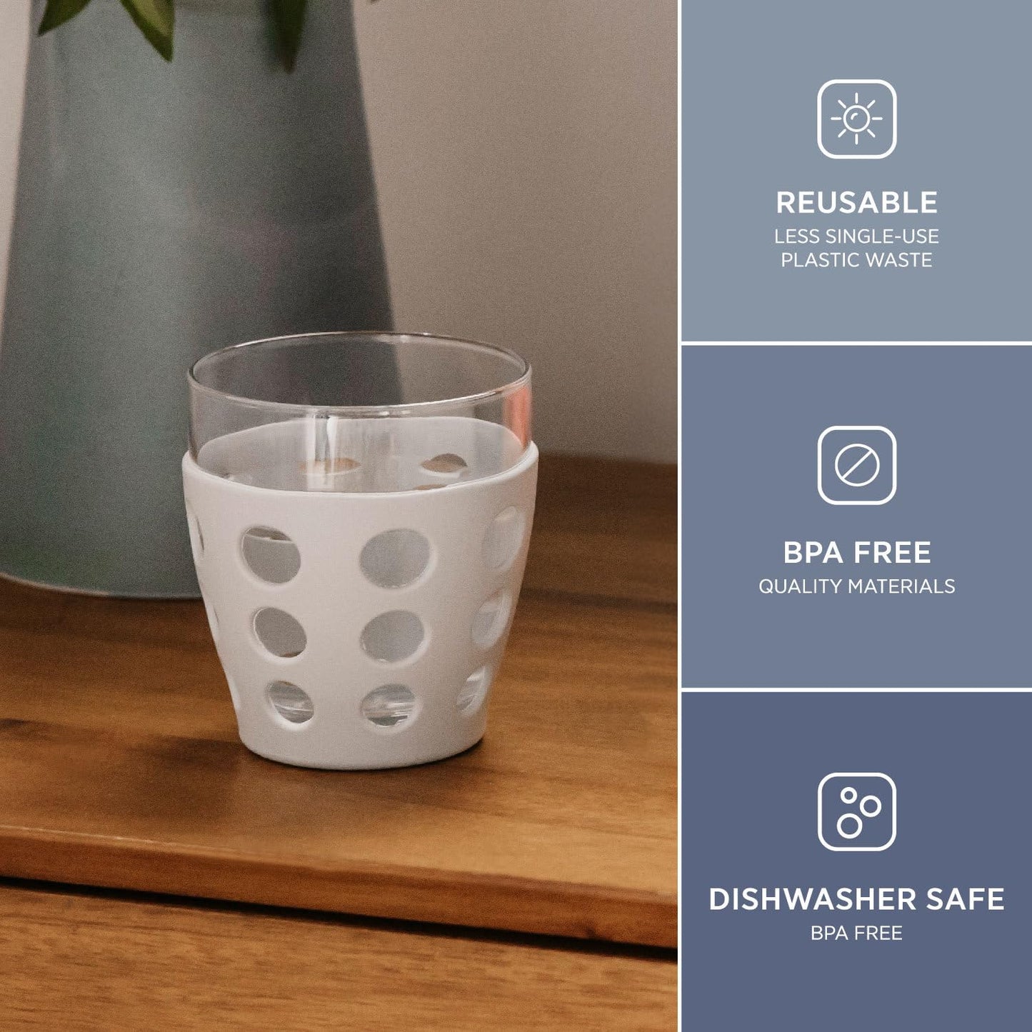 Lifefactory 10-Ounce Beverage Glasses with Protective Silicone Sleeves, 4-Pack, Stone Gray