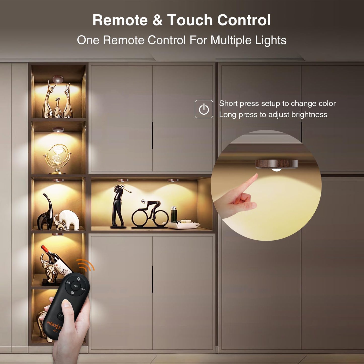 MEKKLEON Puck Lights with Remote Control Rechargeable,Wireless Under Cabinet Lighting,2000mAh Battery Operated Tap Push Touch Lights,Stick On Lights for Counter,Shelf,Bookcase (Wood Color, 5 Pcs)