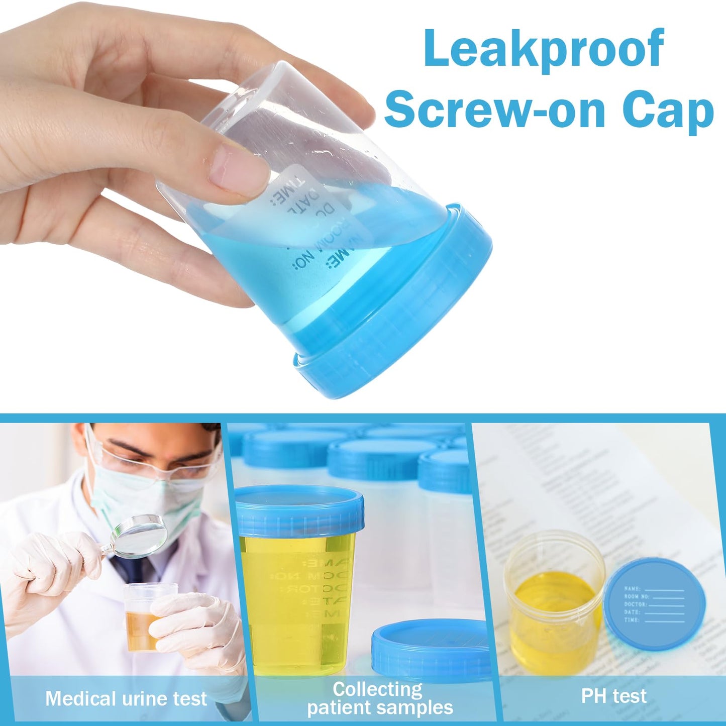 200 Pcs Urine Specimen Cups with Lids and Evident Seal Urine Sample Cups Collection Cup Disposable for Collection and Testing (Blue Lids)