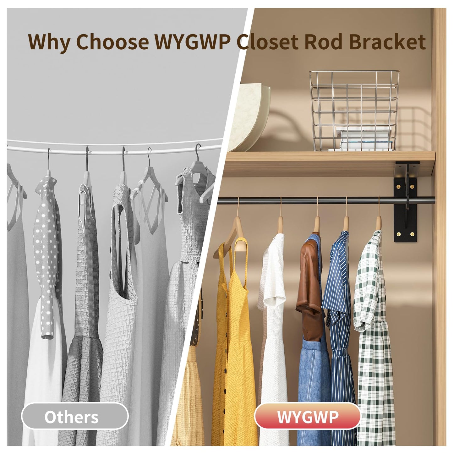 Closet Rod Brackets Heavy Duty Support 400 lbs WYGWP Wall Mounted Closet Shelf Brackets with Rod Holder for Closet, Bathroom and Kitchen (4pack Black)