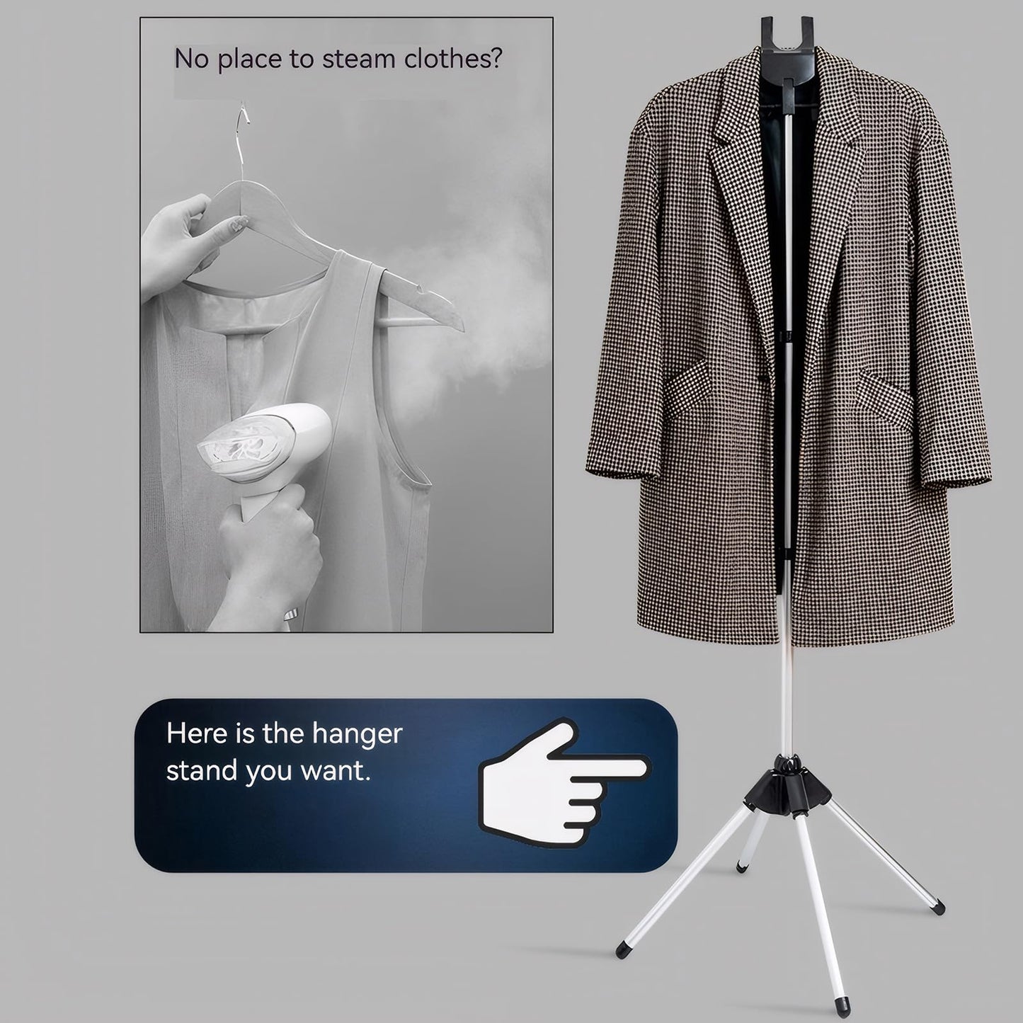 Clothes Steamer Stand Hanger with Steamer Ironing Glove for Steaming Clothes, Handheld Garment Steamer Rack with Grey Mini Handhelded Ironing Pad Board