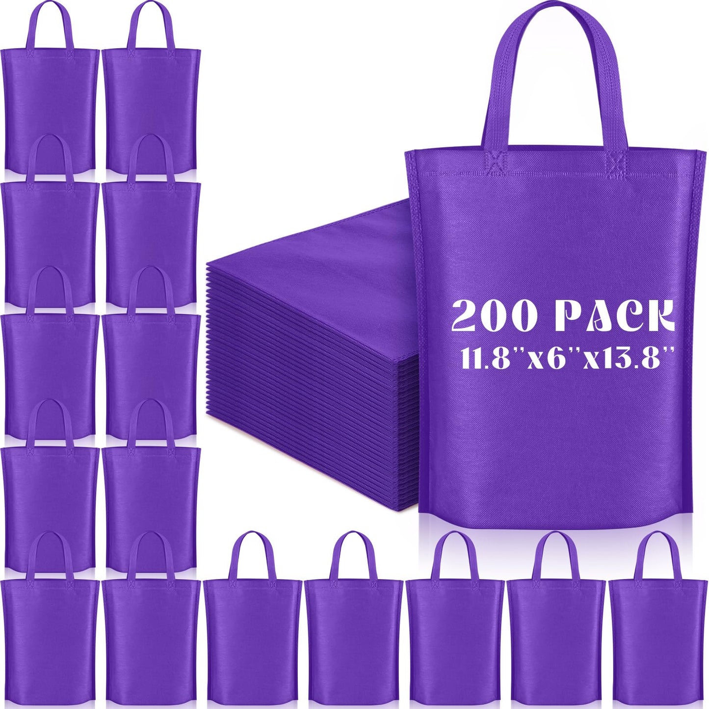 Windyun Reusable Grocery Bags Large Non Woven Shopping Bags with Handle Foldable Portable Tote Carryall Bulk 11.8x6x13.8 Inch(200 Pcs,Purple)