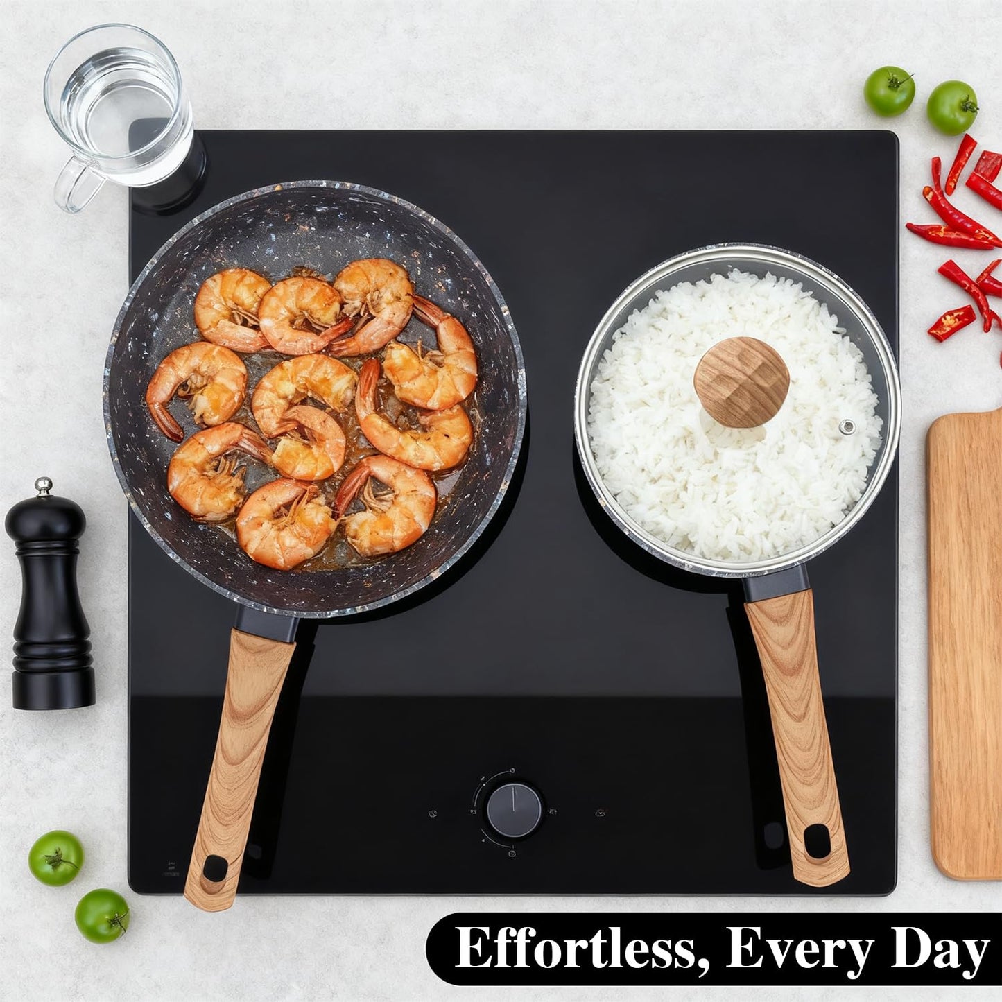 Jovire 2-Piece Nonstick Cookware Set, 8.5 Inch Frying Pan & 1.43QT Saucepan with Lid, PFAS PFOA Free Non-Toxic Coating, Heavy Bottom Even Heat, Induction Compatible, Dishwasher Safe – Black