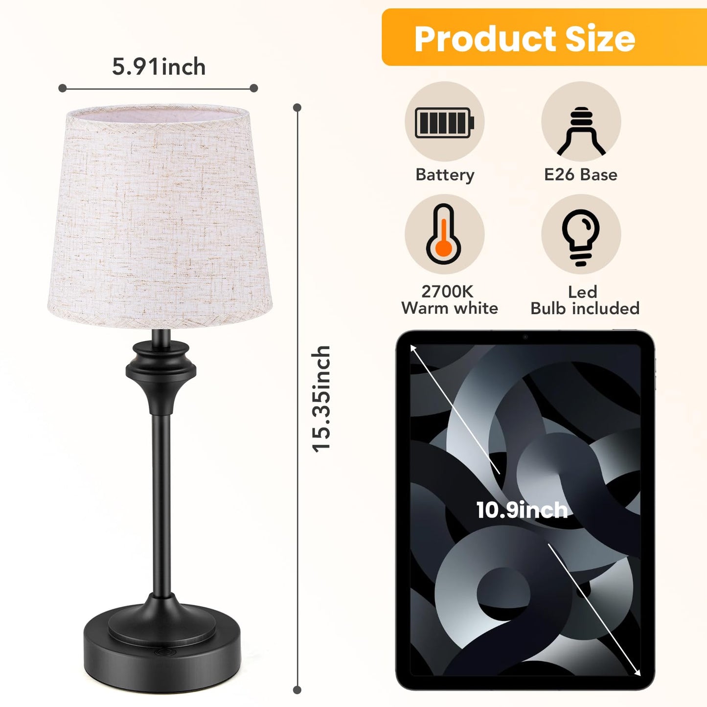 NIORSUN Portables Cordless Table Lamp,Flaxen Fabric Shade Battery Operated Lamp,5200mAh Bedside Table Lamp with Warm White,3 Way Dimmable Touch Desk Lamp for Bedroom Living Room Restaurant (Black)