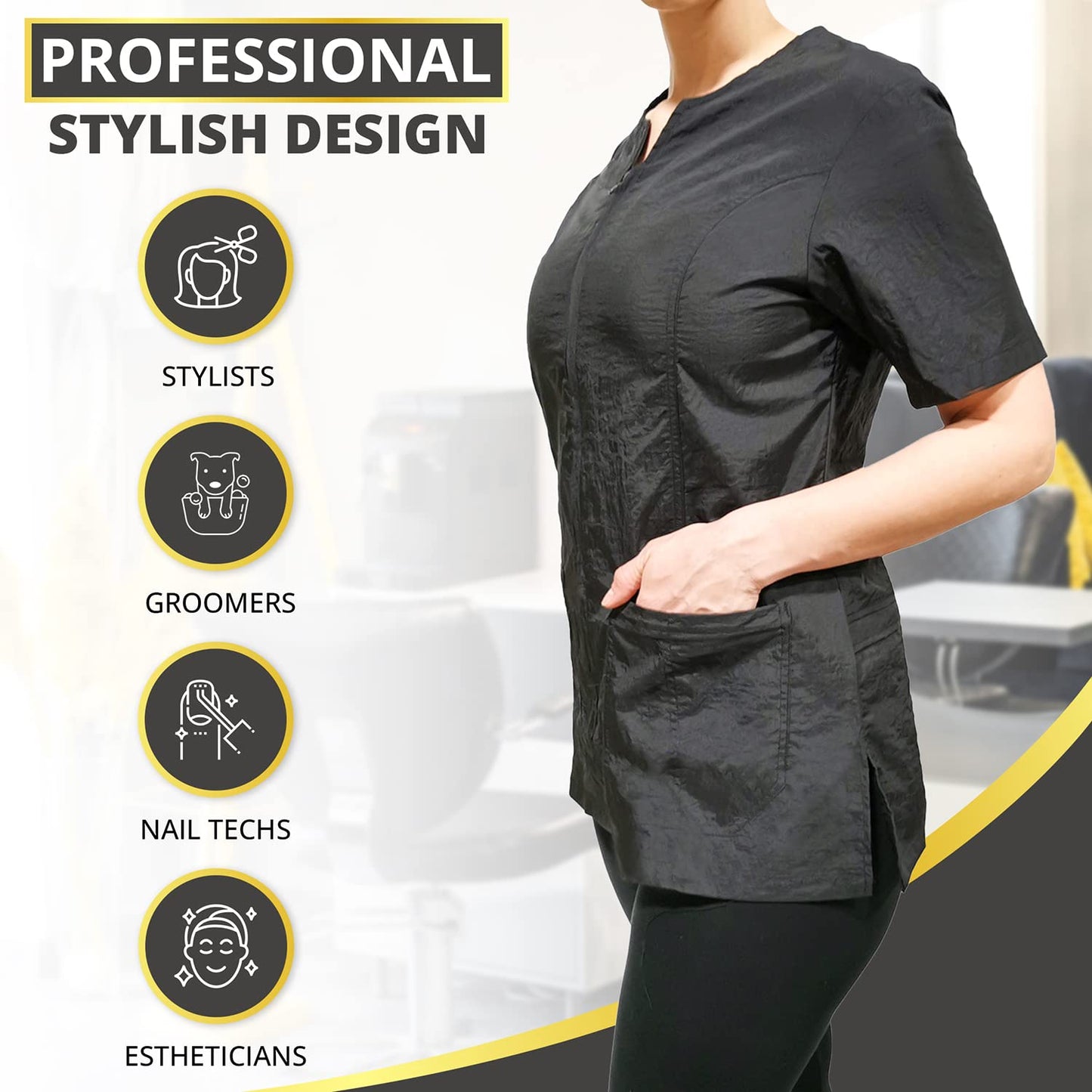 CHARLENE Haley Short Sleeves Jacket | High Fashion Hair Stylist Nylon Uniform | Water-Repellant Breathable Nylon | Machine Wash | Zipper Closure (BLACK, S)