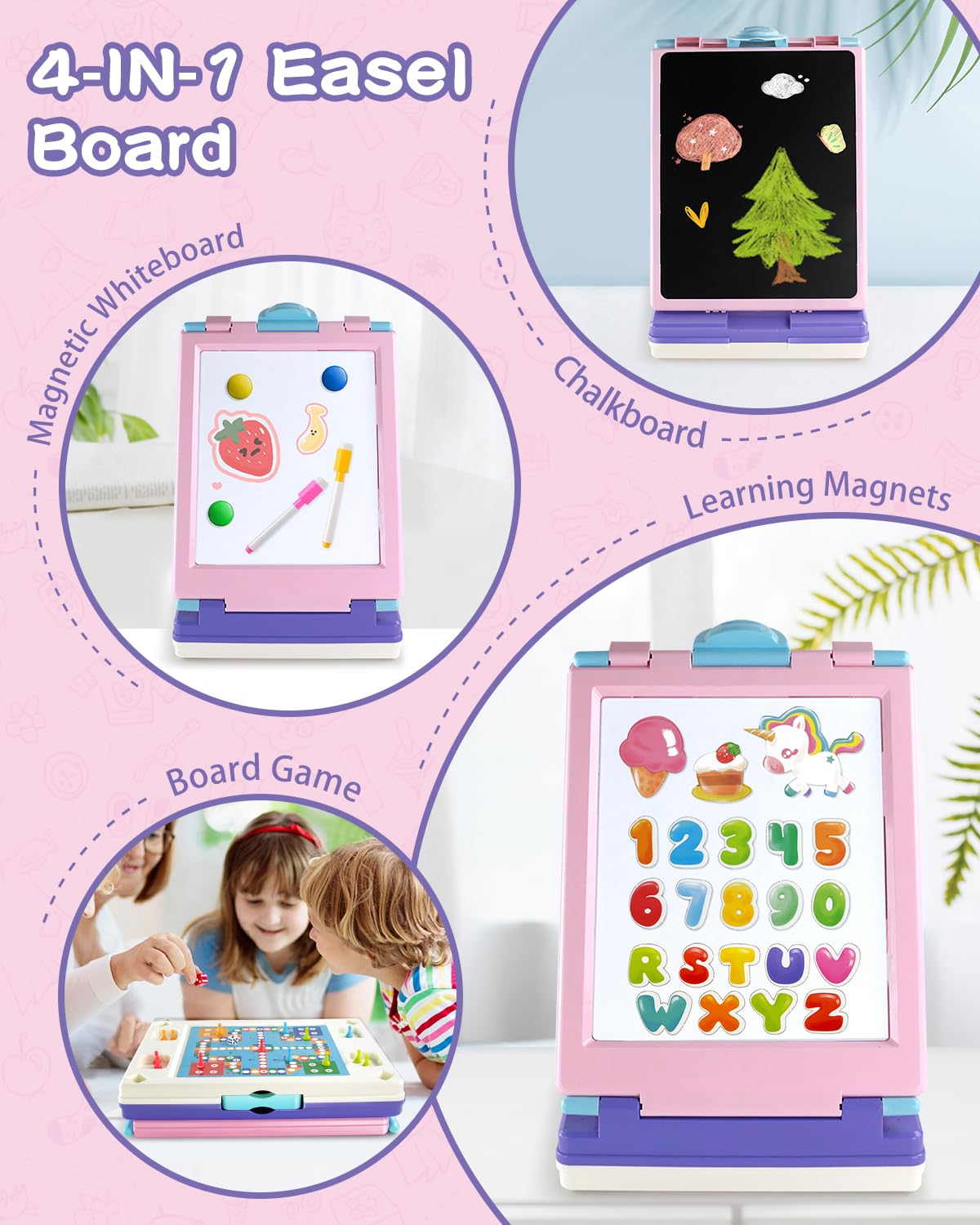 Elovien Easel Kids, 4 in 1 Double Sided Toddler Art Easel with Chalkboard & Magnetic Whiteboard, Foldable Kids Tabletop Easel with Drawing & Writing Supplies - Educational Toy Gift for Girls (Purple)